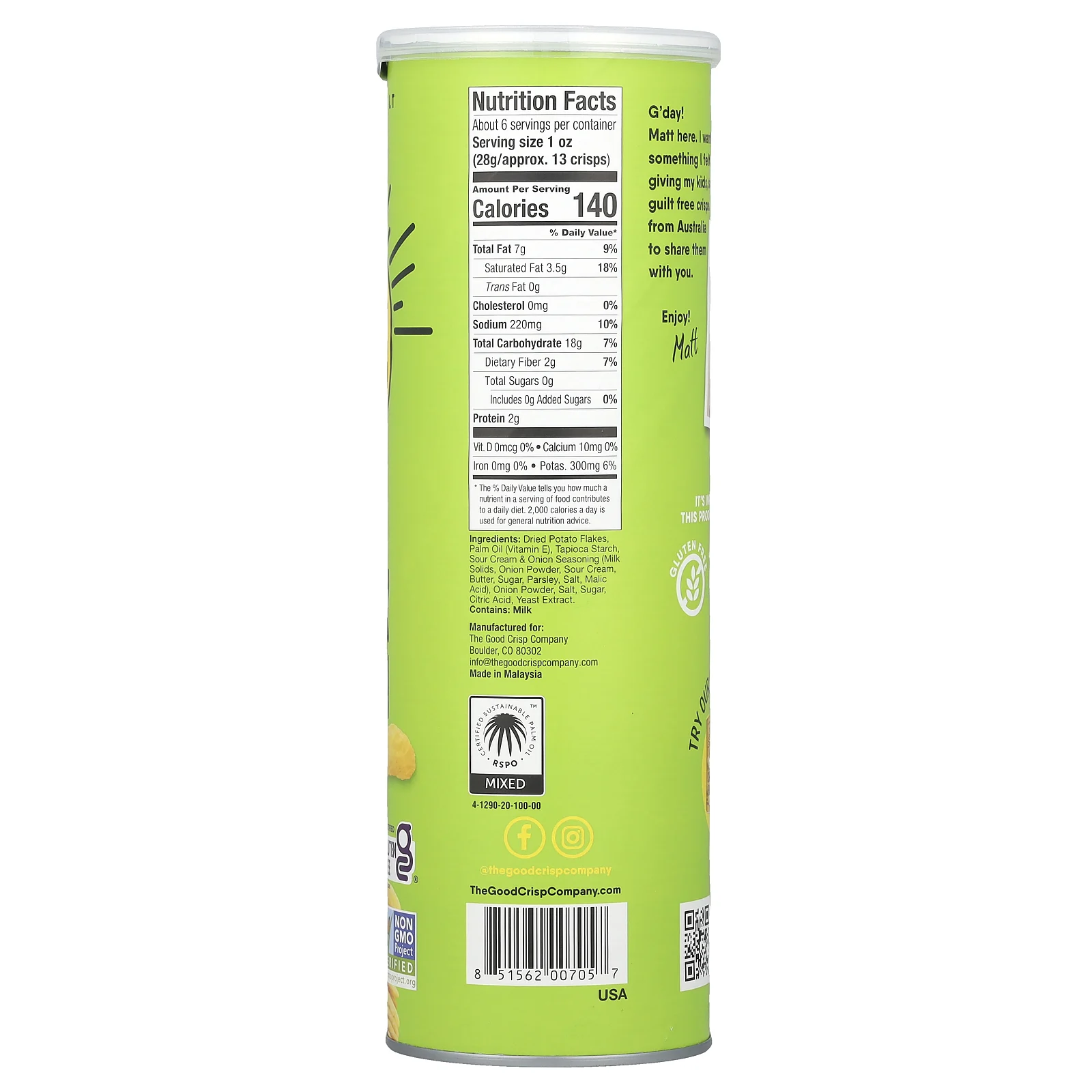 The Good Crisp Company, Картофельные чипсы, сметана и лук, 160 г (5,6 унции)