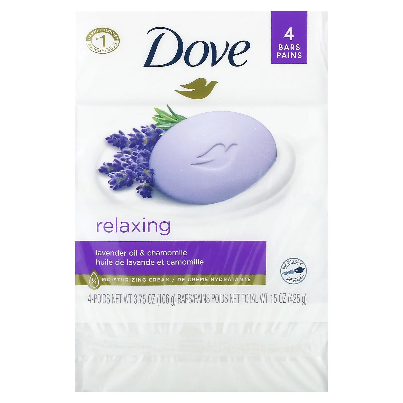 Dove, Расслабляющее мыло, лавандовое масло и ромашка, 4 шт., 106 г (3,75 унции)