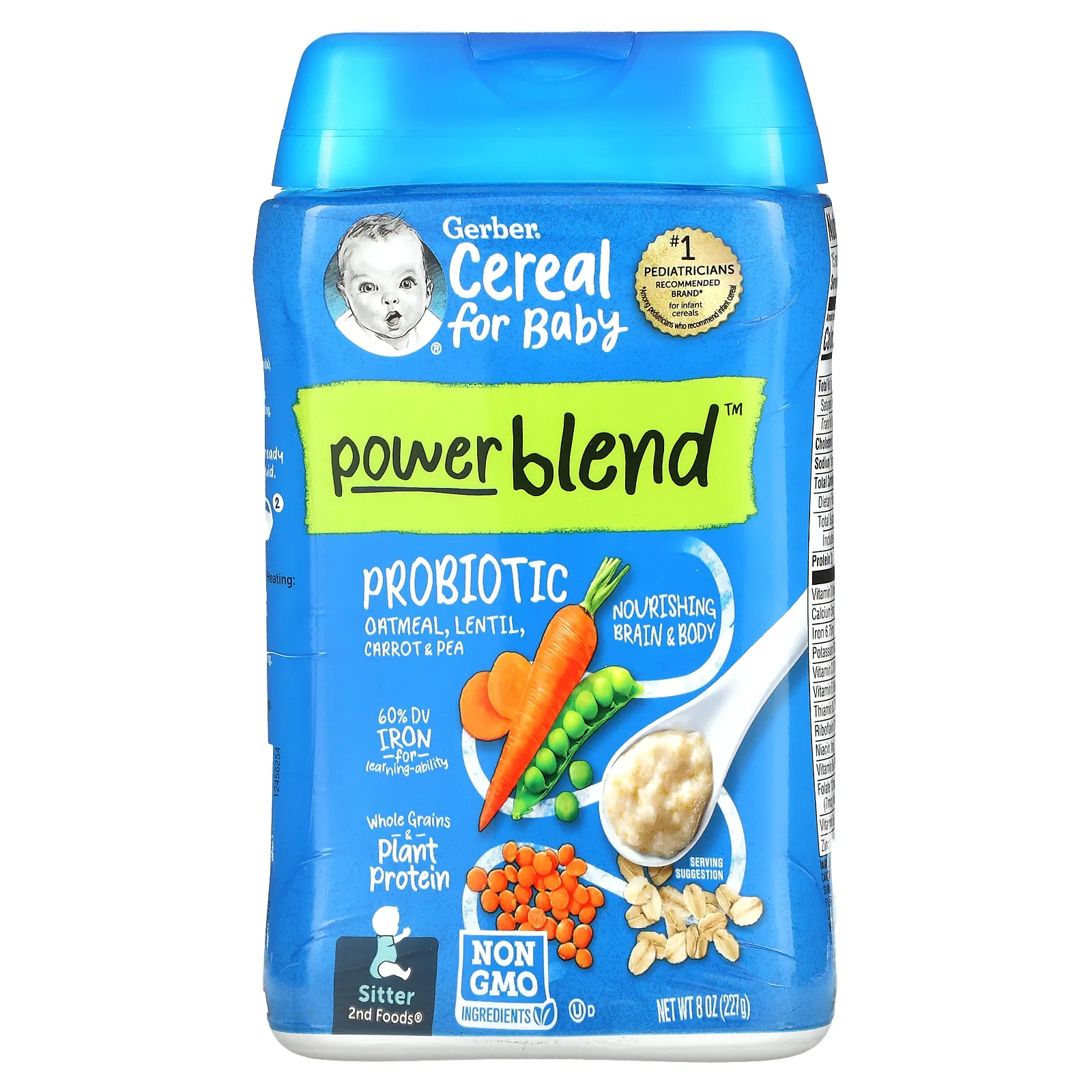 Gerber, Powerblend Cereal for Baby, овсянка с пробиотиками, чечевица, морковь и горошек, продукты для 2-го поколения, 227 г (8 унций)