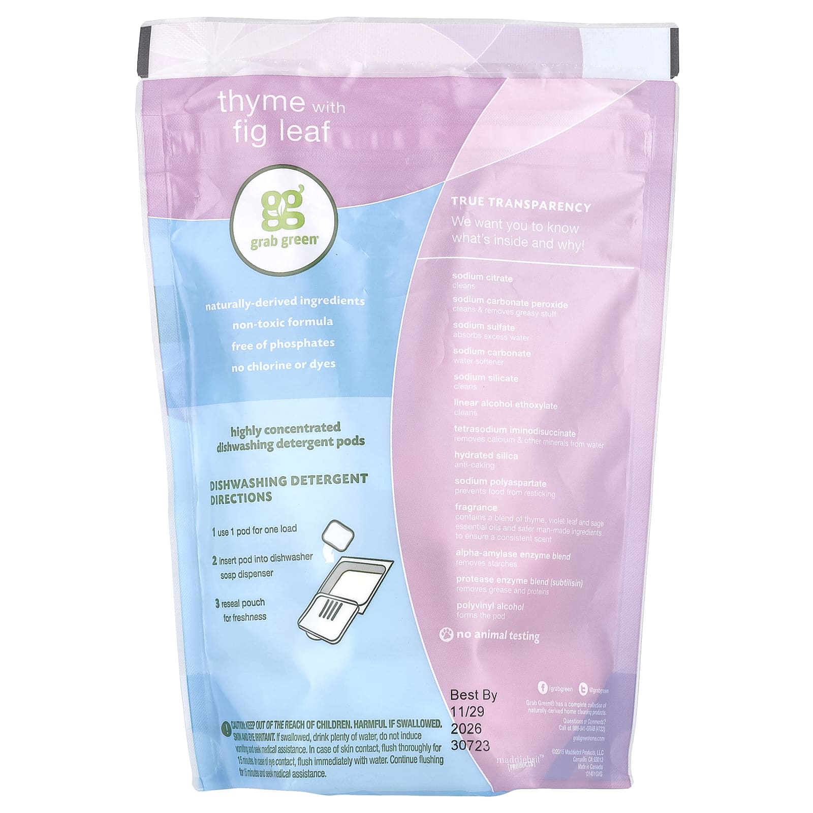 Grab Green, средство для мытья посуды в посудомоечной машине в капсулах, чабрец и инжирные листья, 24 загрузок, 432 г (15,2 унции)