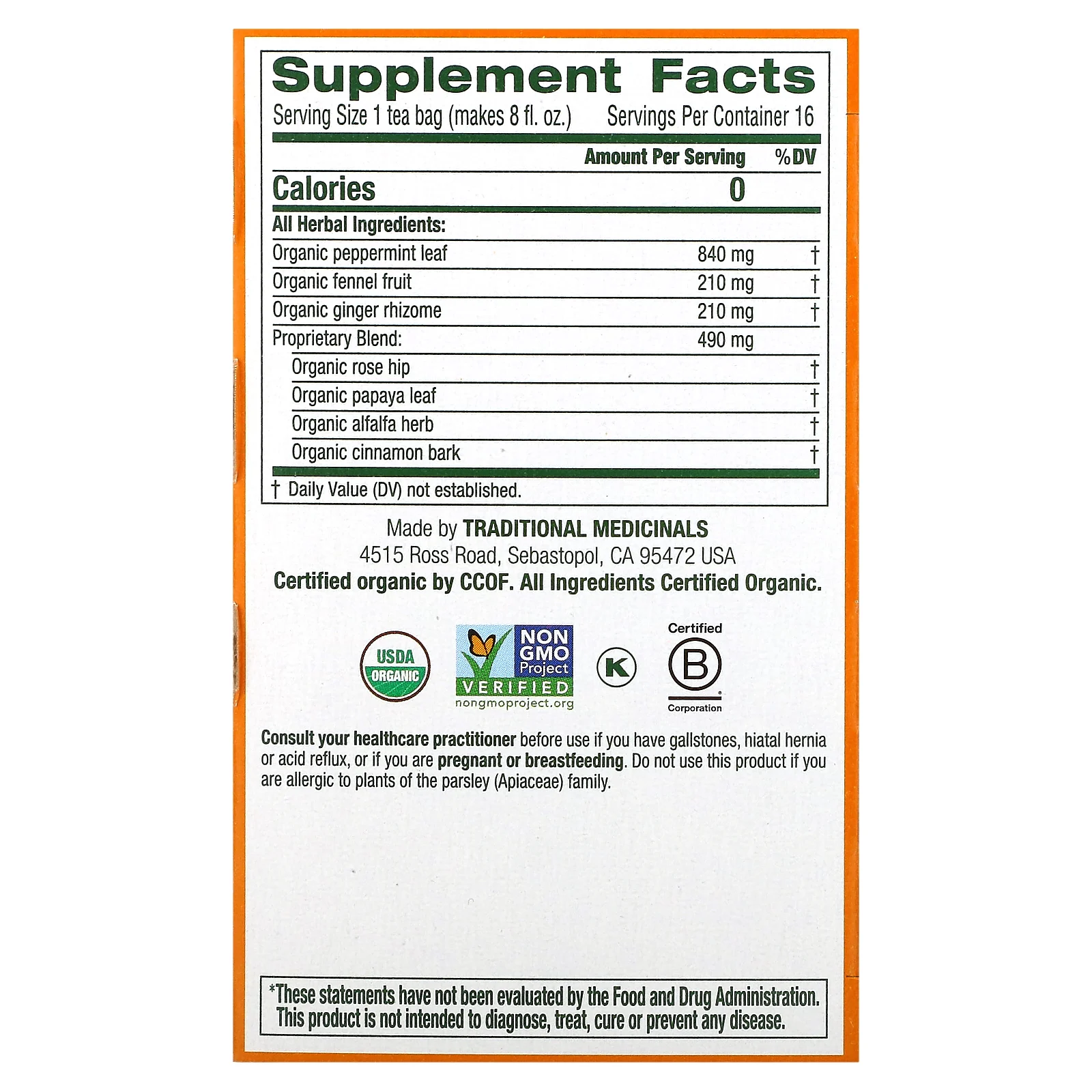 Traditional Medicinals, Organic Belly Comfort, перечная мята, без кофеина, 16 чайных пакетиков, 28 г (0,99 унции)