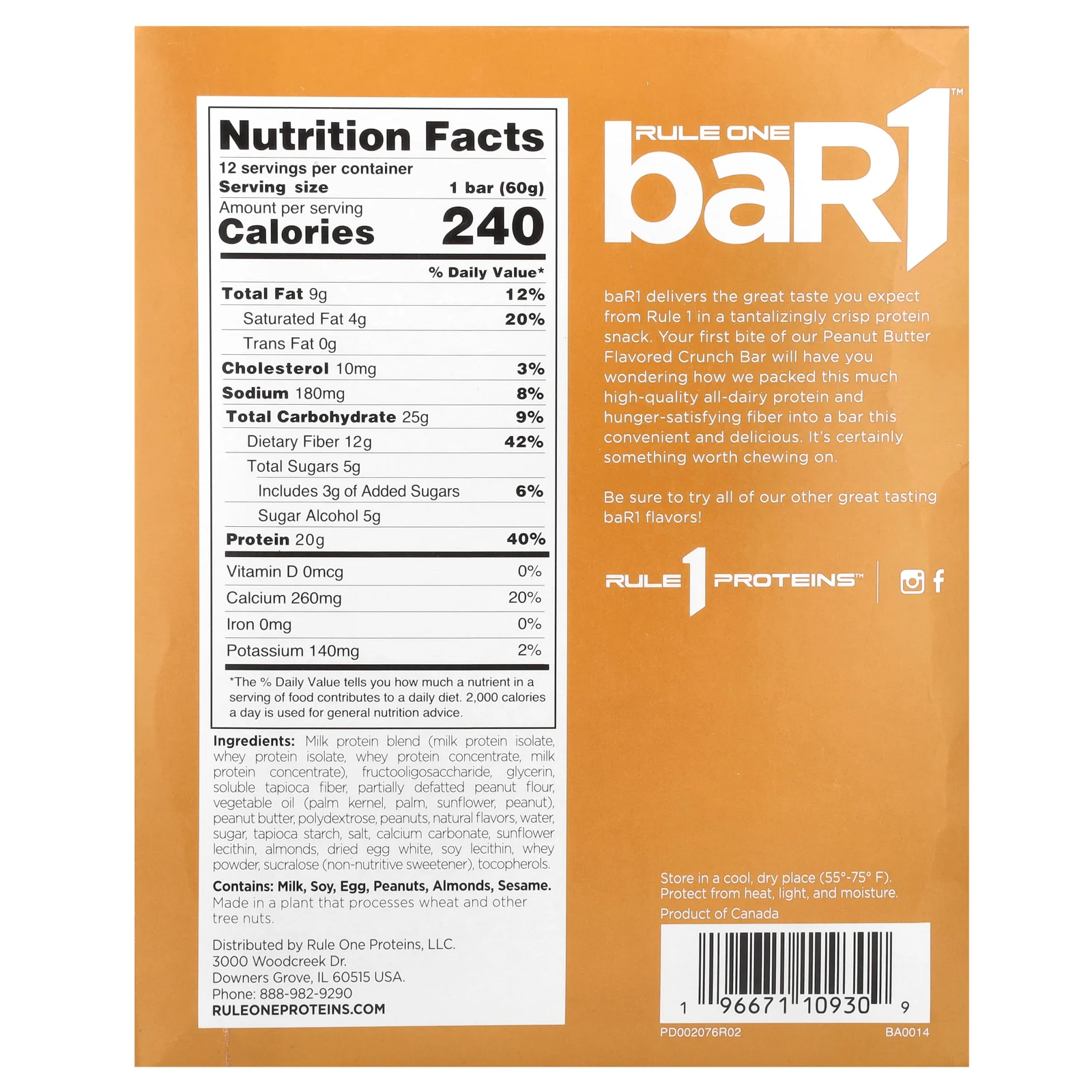 Rule One Proteins, baR1, батончик с арахисовой пастой, 12 батончиков по 60 г (2,12 унции)