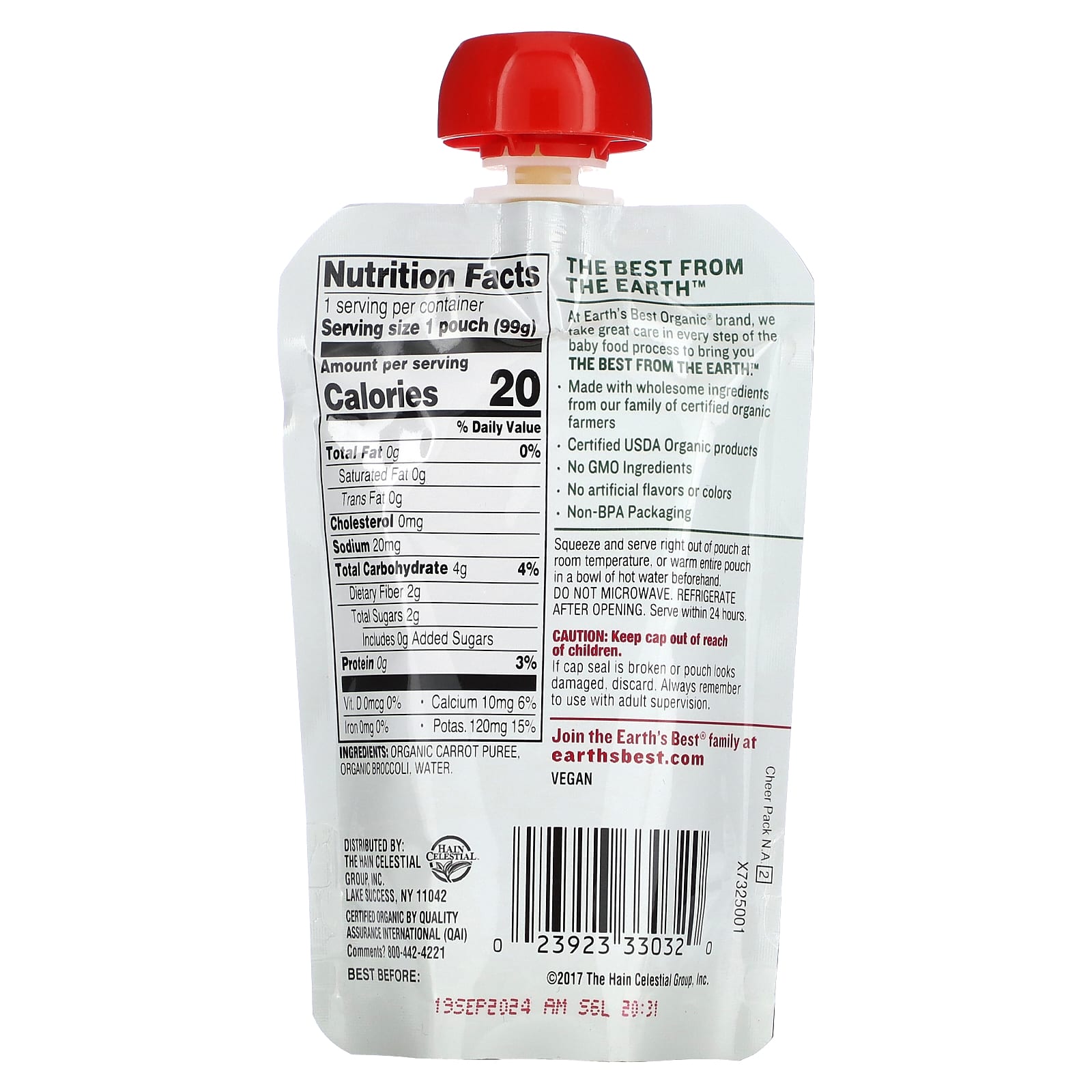 Earth's Best, органическое овощное пюре, для детей от 6 месяцев, морковь и брокколи, 99 г (3,5 унции)