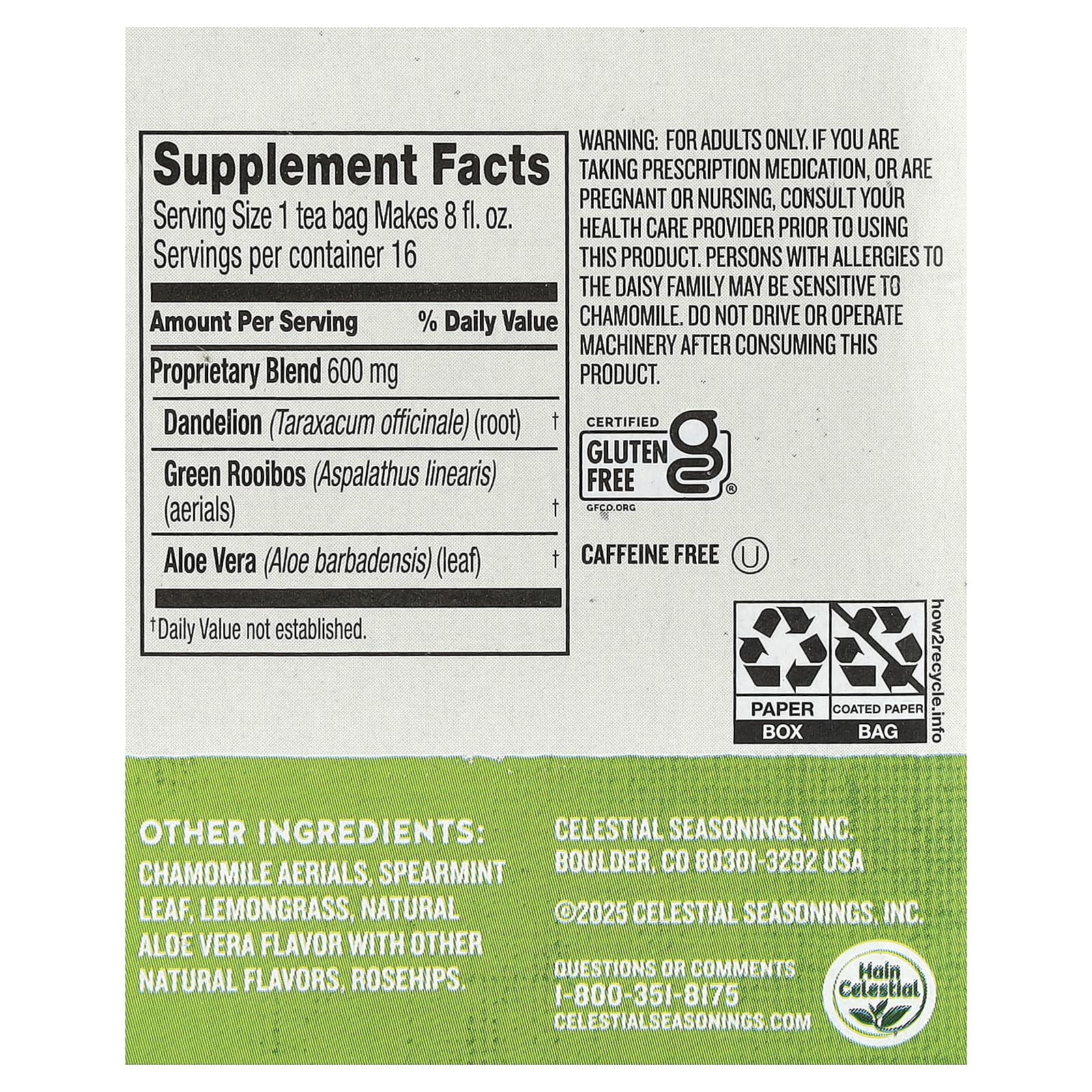 Celestial Seasonings, очищающая смесь, одуванчик, без кофеина, 16 чайных пакетиков, 27 г (0,96 унции)