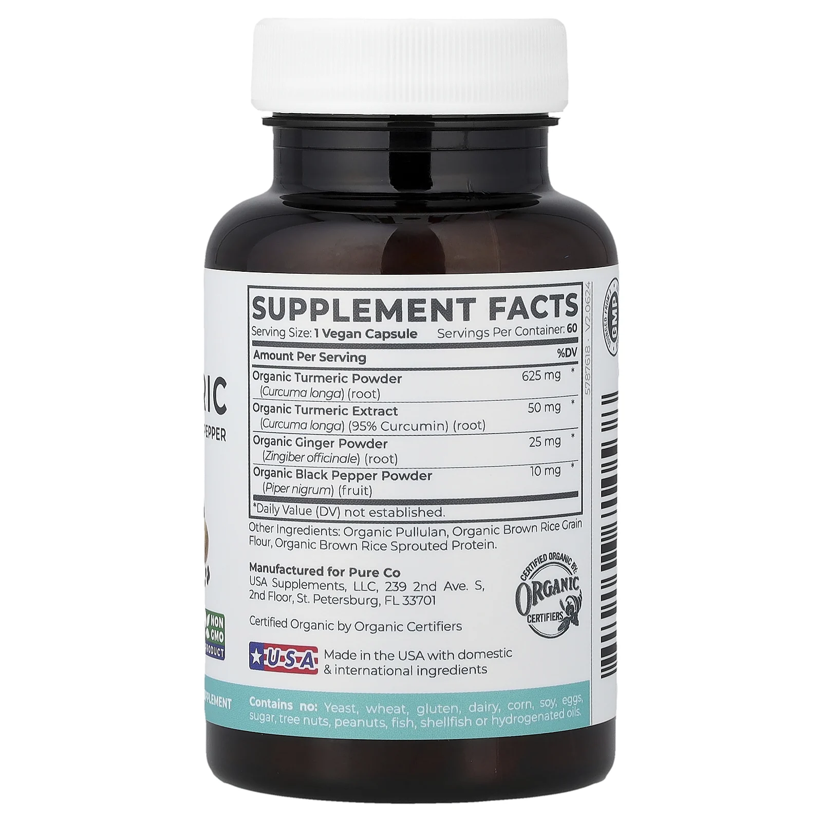 Pure Co., органическая куркума с имбирем и черным перцем, 60 веганских капсул