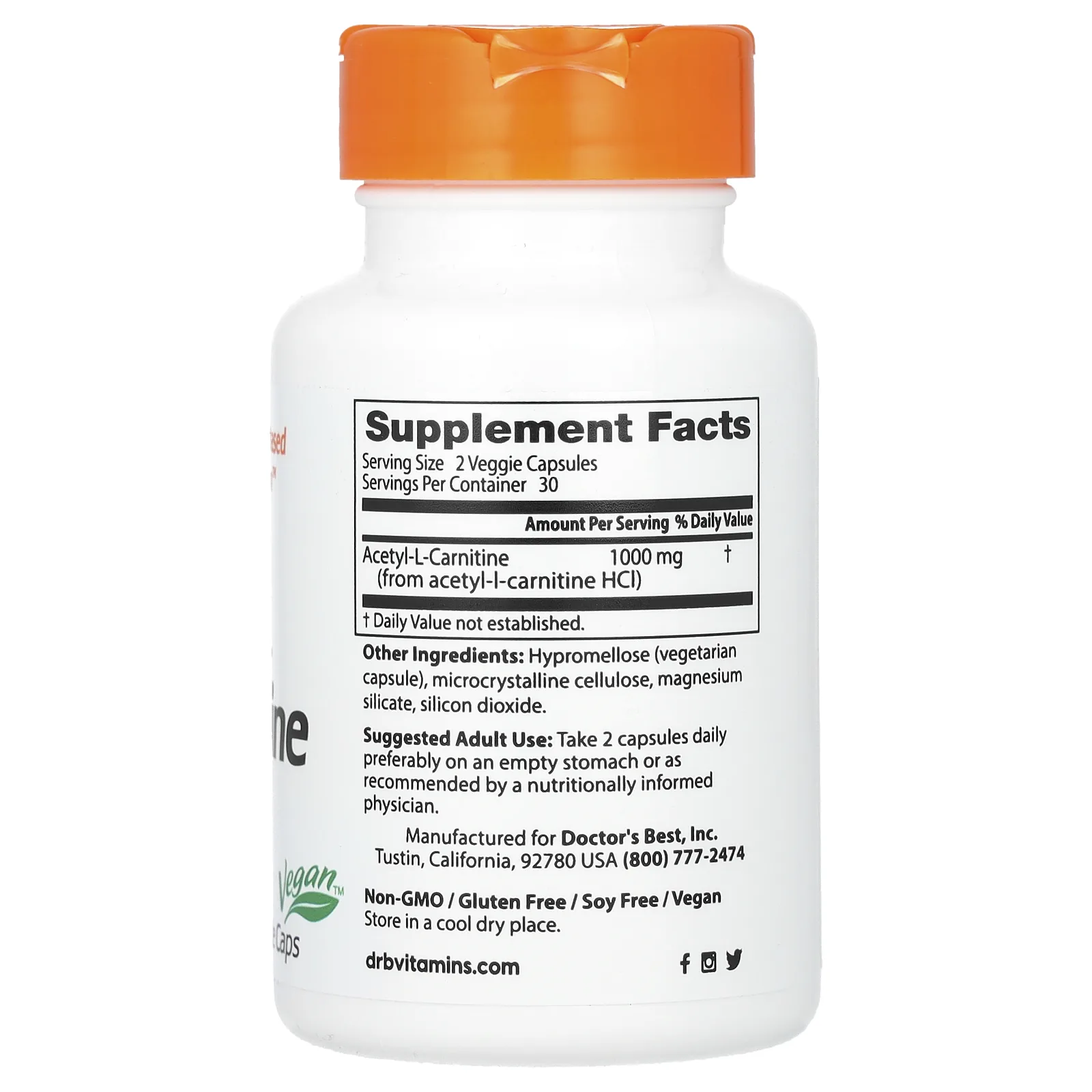 Doctor's Best, ацетил-L-карнитин, 1000 мг, 60 растительных капсул (500 мг в 1 капсуле)