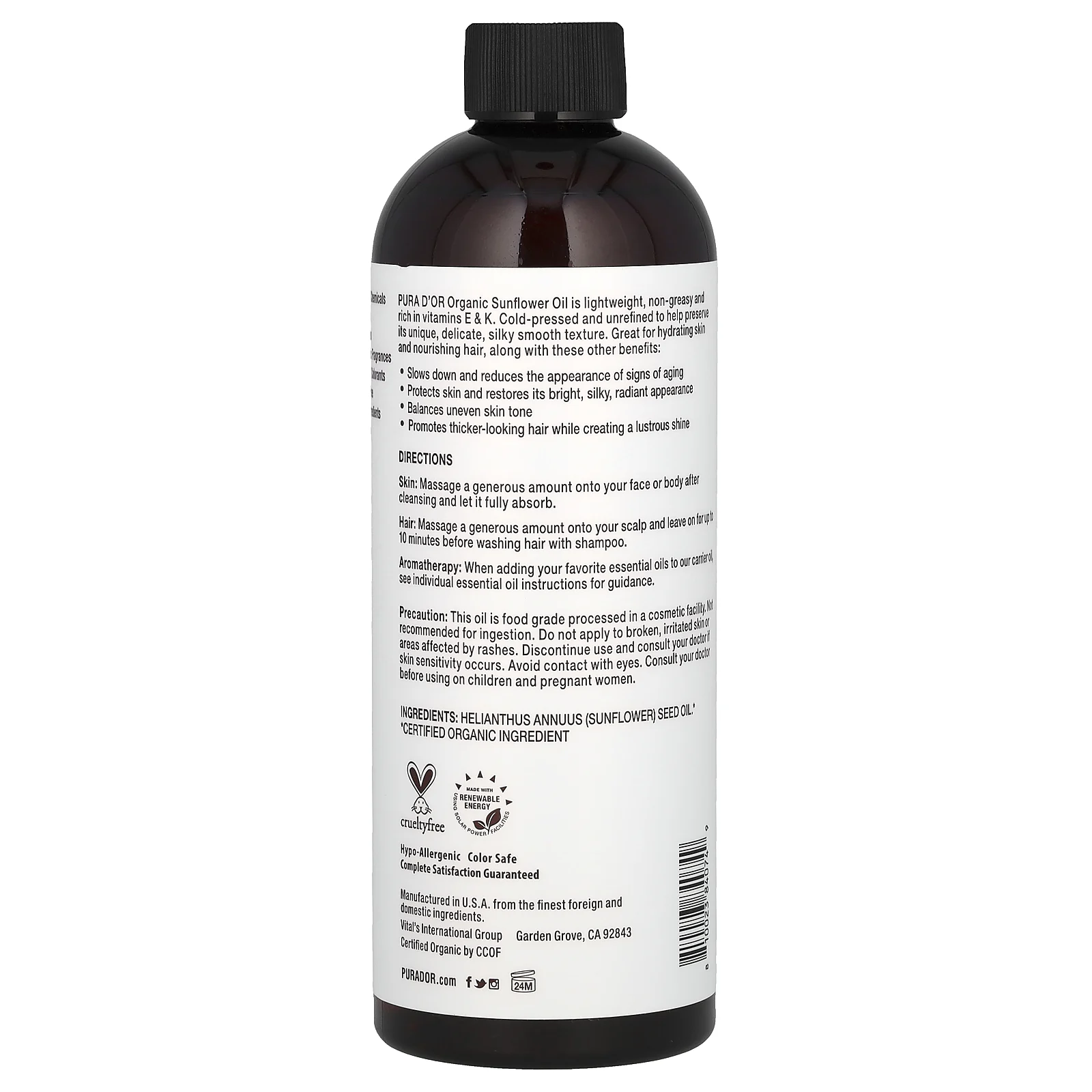 Pura D'or, органическое подсолнечное масло, 473 мл (16 жидк. унций)