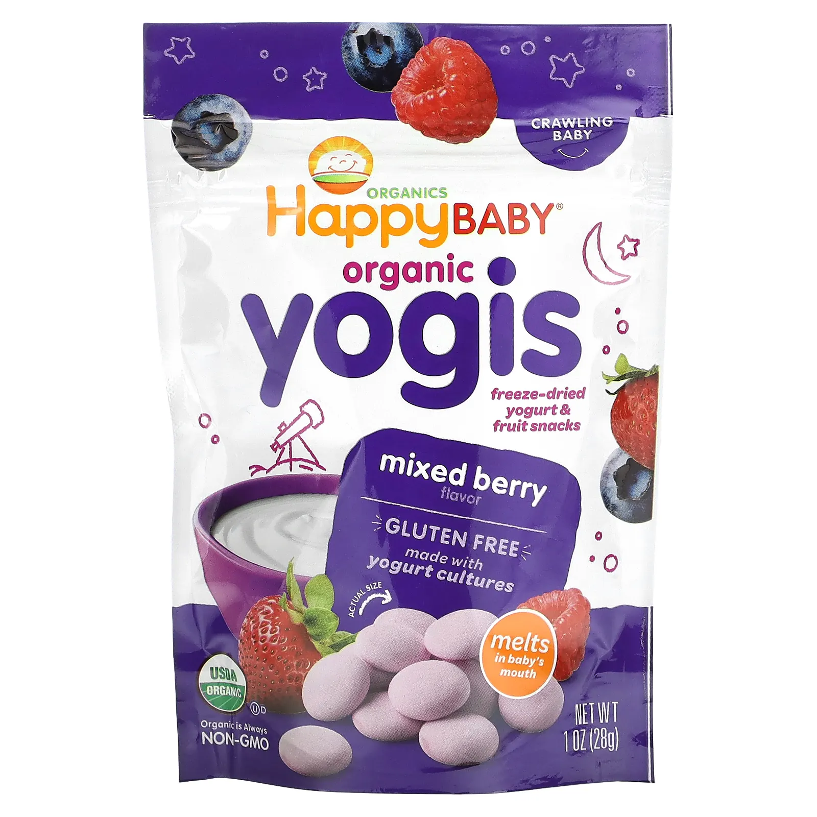 Happy Family Organics, Yogis, органические снеки из сублимированного йогурта с фруктами, ягодная смесь, 28 г