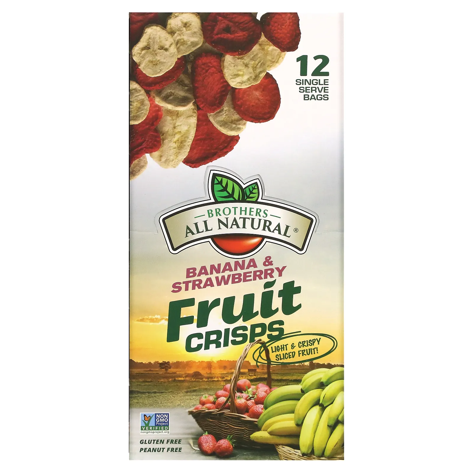 Brothers-All-Natural, Набор фруктовых чипсов, замороженные и высушенные клубника и бананы, 12 порционных пакетиков, 0.42 унций (12 г) каждый