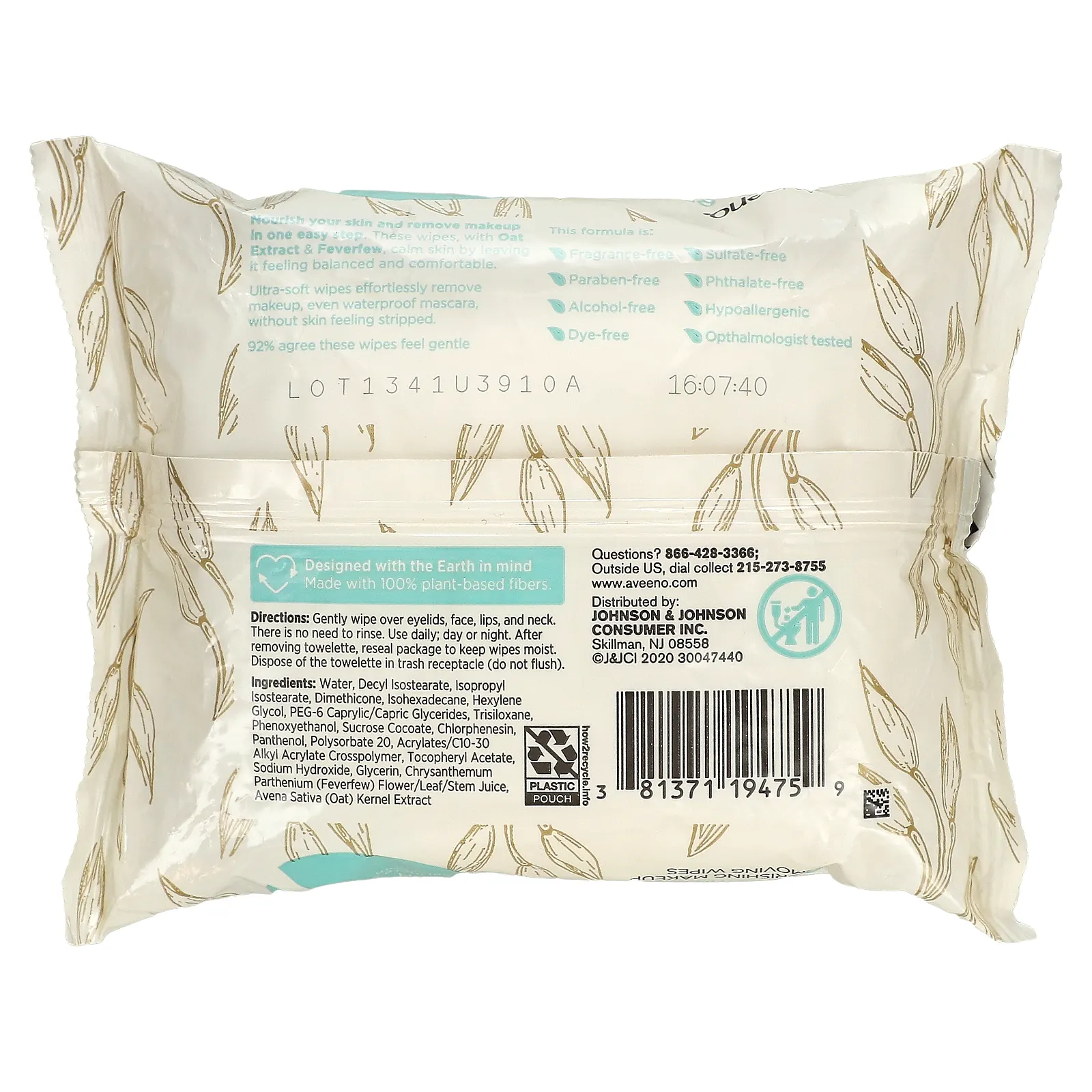 Aveeno, Calm + Restore, питательные салфетки для снятия макияжа, без отдушек, 25 салфеток