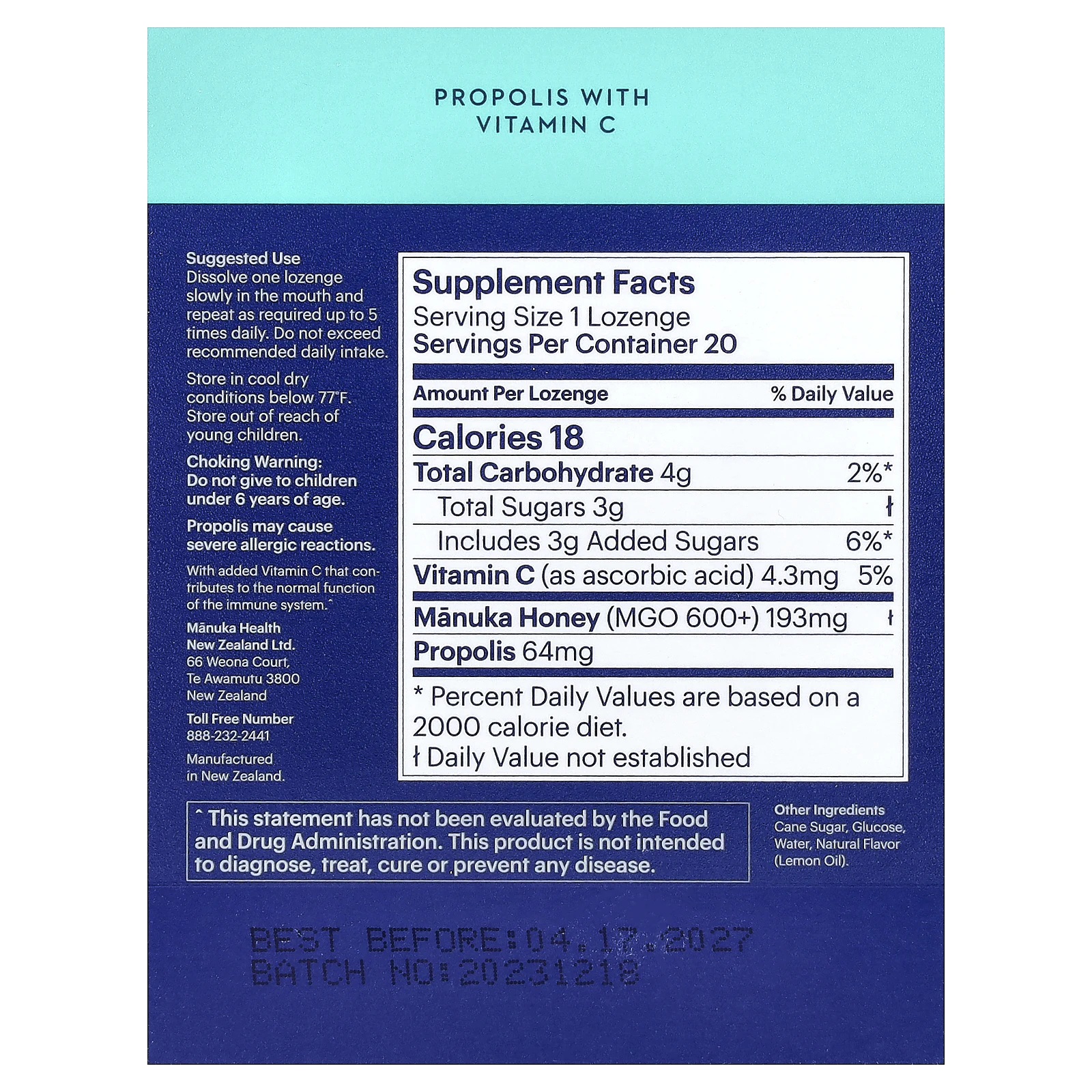 Manuka Health, леденцы с медом манука и прополисом, MGO 600+, 20 леденцов