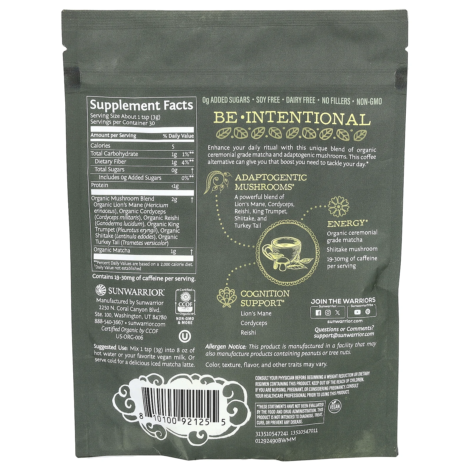 Sunwarrior, Органический матча и грибы, 90 г (3,17 унции)