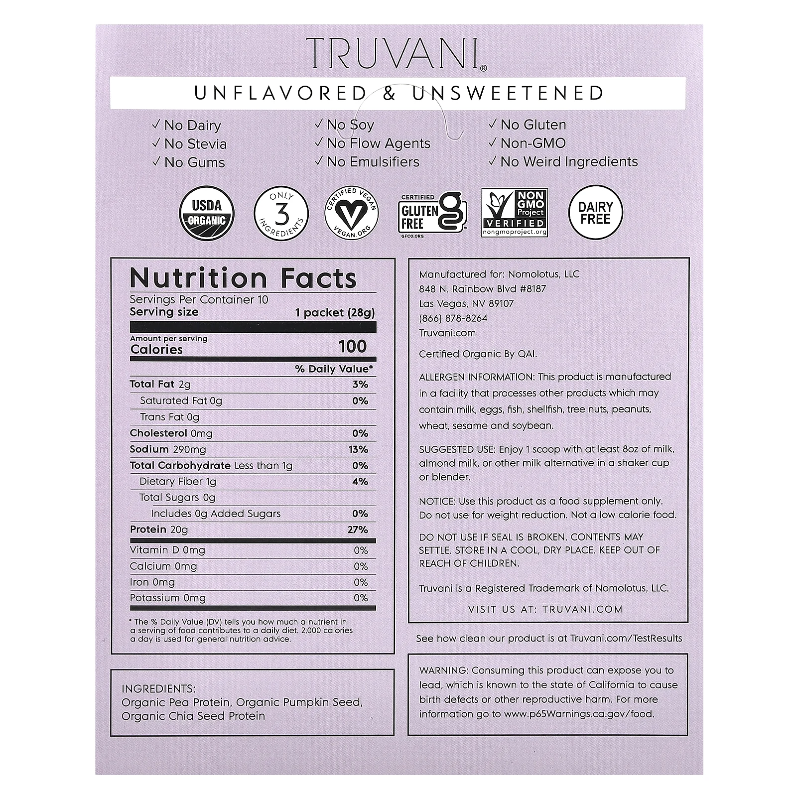 Truvani, Растительный протеин, без ароматизаторов и подсластителей, 10 пакетиков по 28 г (0,99 унции)