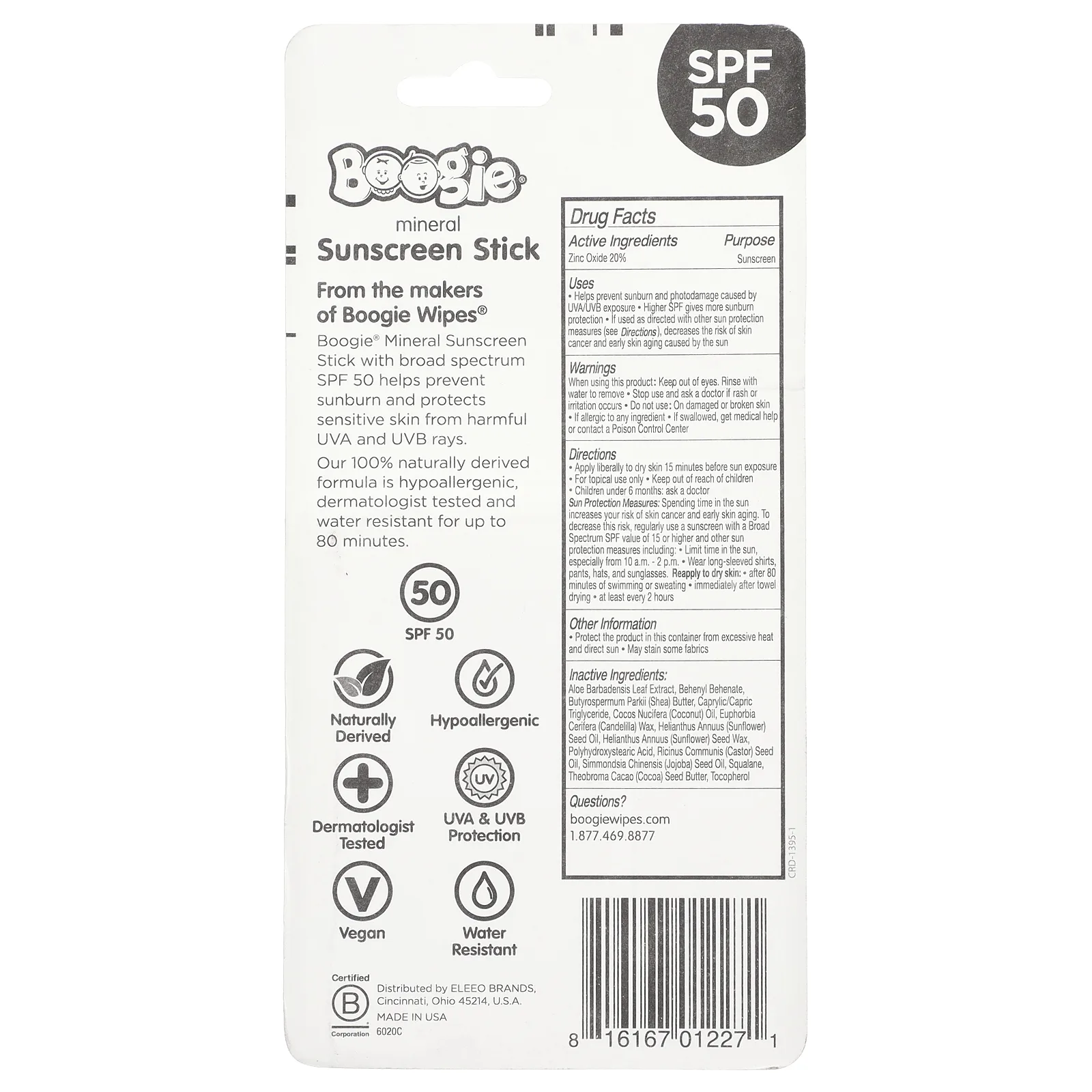 Boogie Wipes, Mineral Sunscreen Stick, SPF 50, 0.49 oz (14 g)