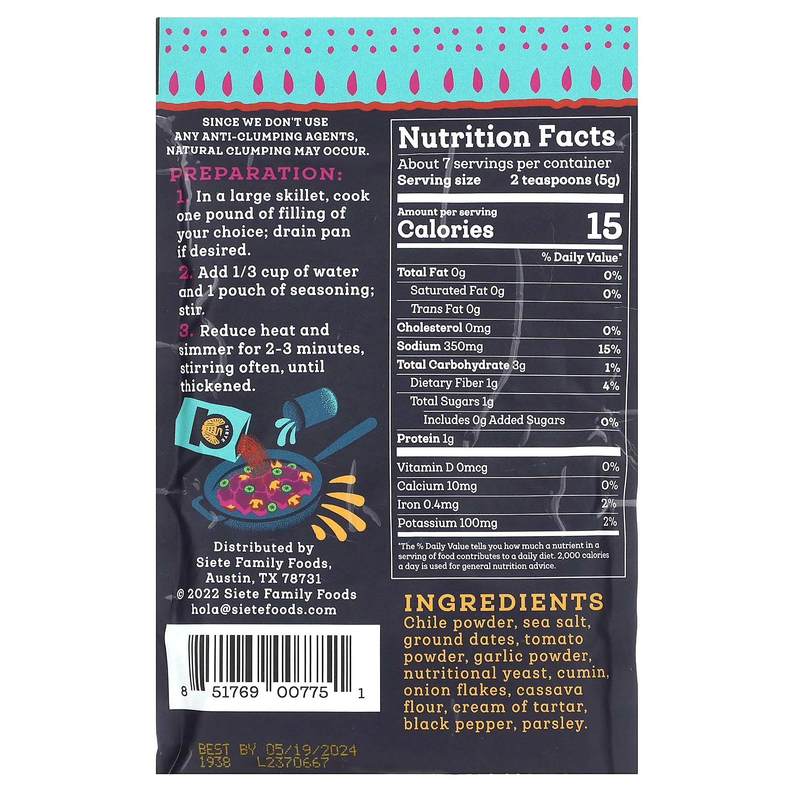 Siete, Приправа для тако, мягкая, 37 г (1,31 унции)