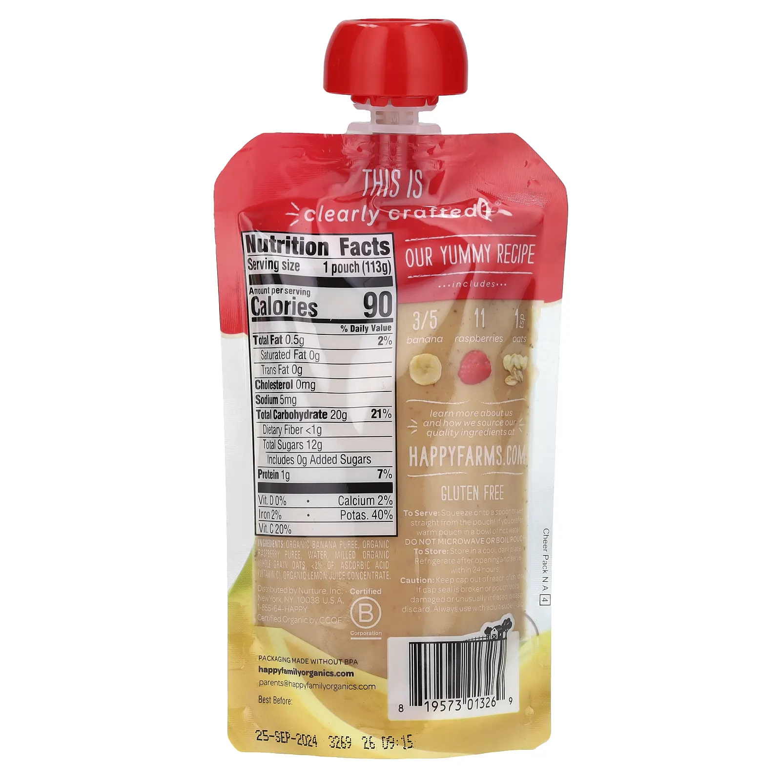 Happy Family Organics, Clearly Crafted, органическое детское питание, этап 2, для детей старше 6 месяцев, банан, малина и овсянка, 113 г (4 унции)