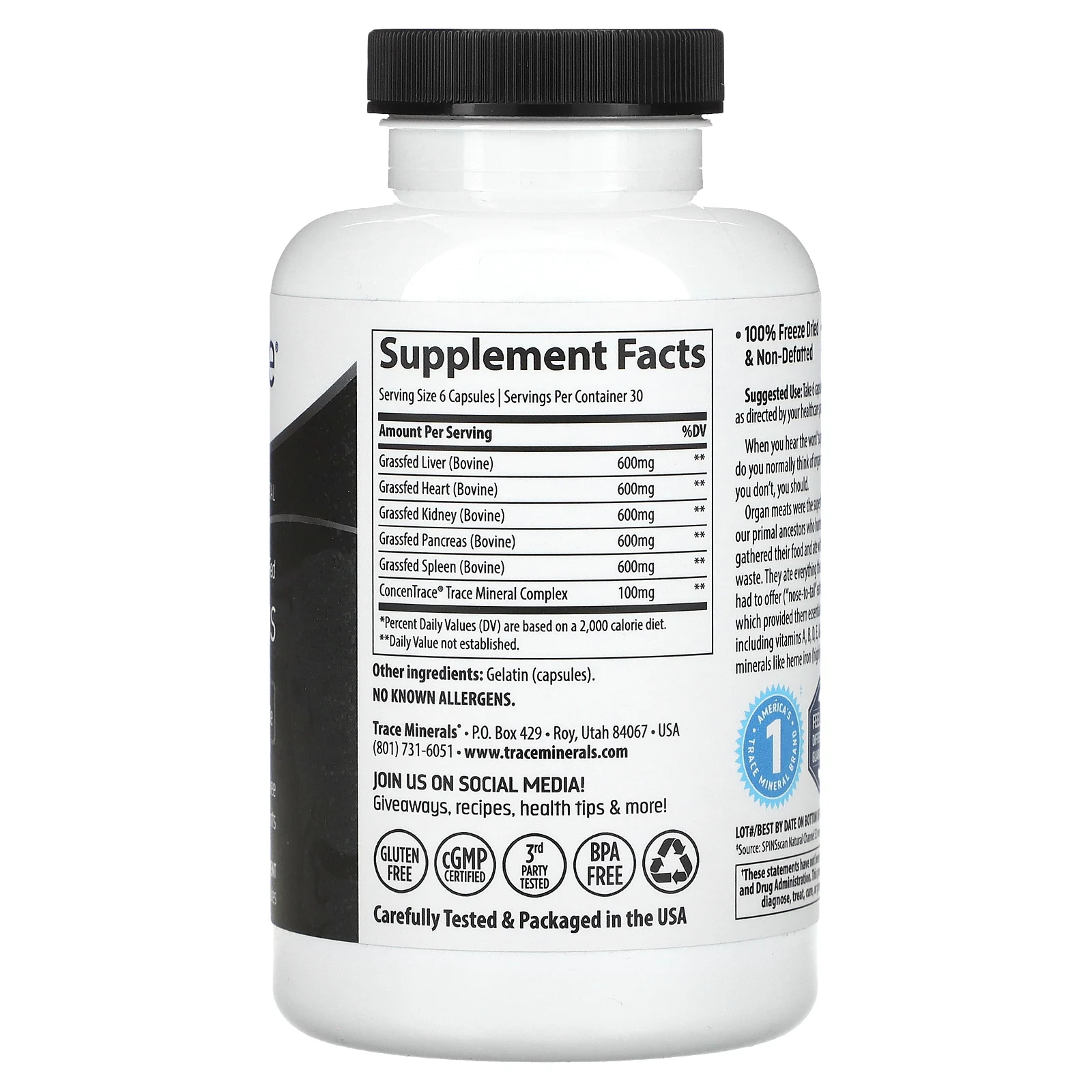 Trace Minerals ®, TM Ancestral, Органы из говядины травяного откорма, 500 мг, 180 капсул