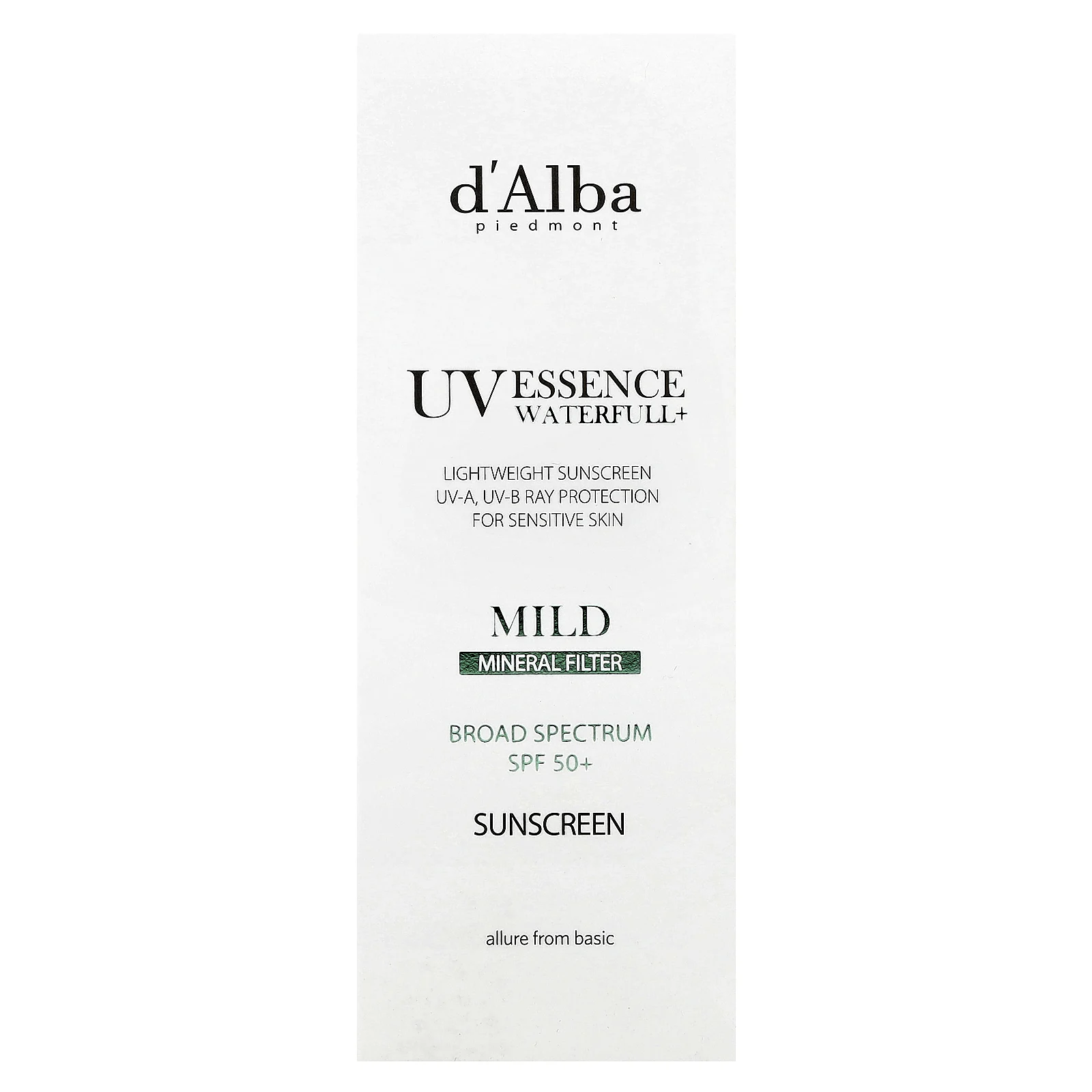 d'Alba, UV Essence Waterfull + Sunscreen, мягкий минеральный фильтр, SPF 50, 50 мл (1,69 жидк. Унции)
