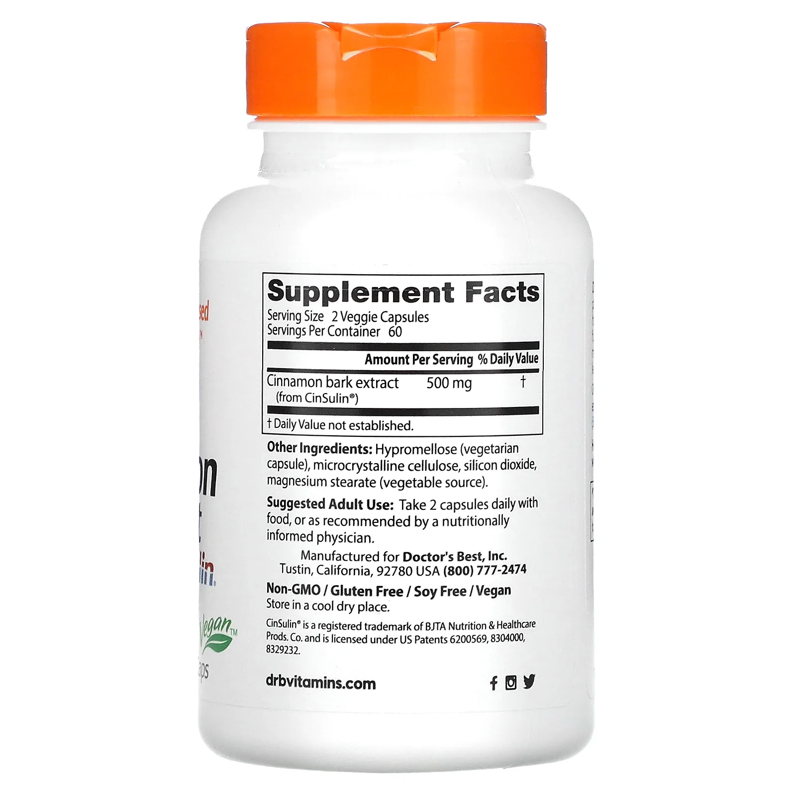 Doctor's Best, экстракт корицы с CinSulin, 250 мг, 120 вегетарианских капсул