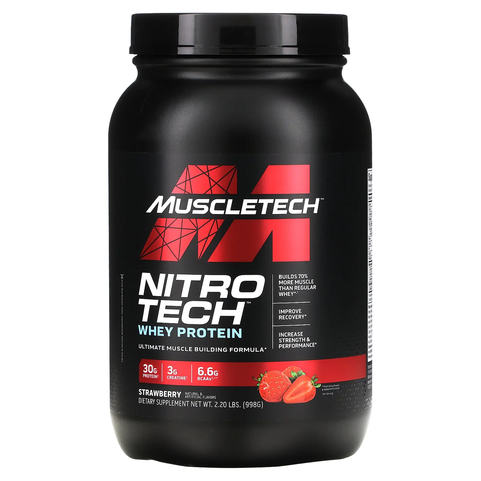 MuscleTech, Nitro-Tech, сывороточный изолят + смесь для роста сухой мышечной массы, клубничный вкус, 907 г (2 фунта)