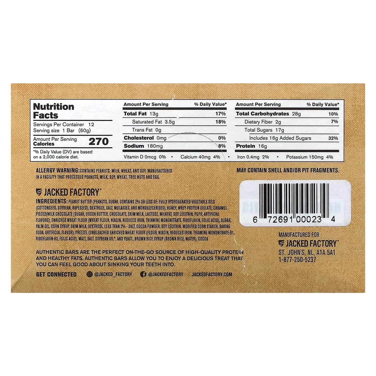 Jacked Factory, Authentic Bar, протеиновый батончик, 12 батончиков, 60 г (2,12 унции)