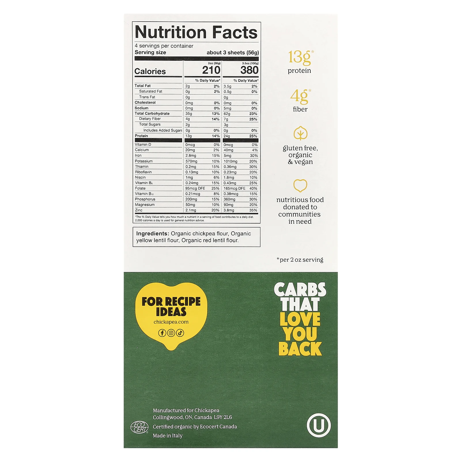 Chickapea, Органическая лазанья, 227 г (8 унций)