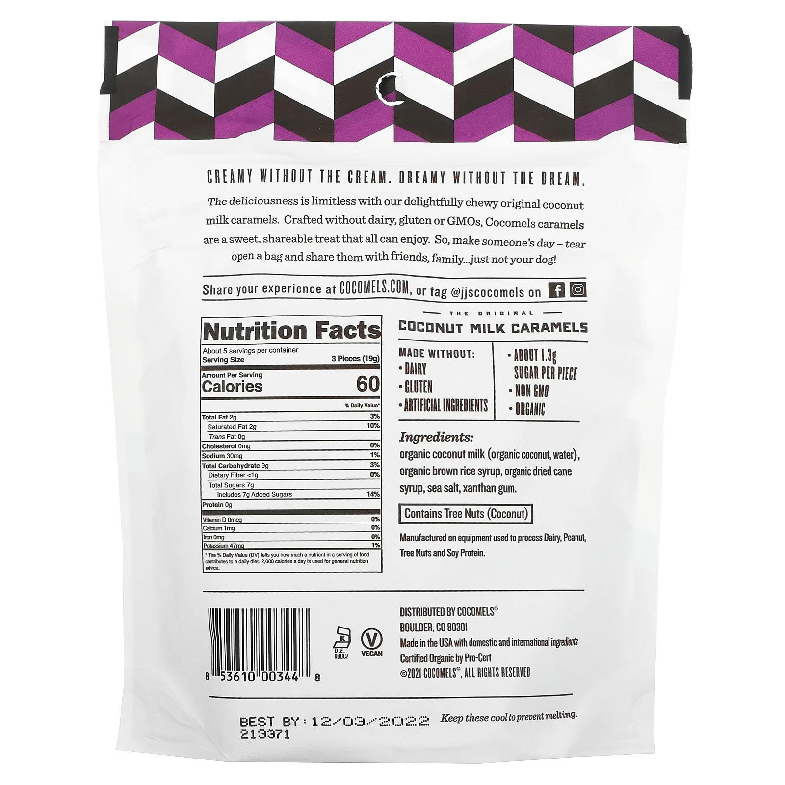 Cocomels, органическая карамель из кокосового молока, натуральный, 100 г (3,5 унции)