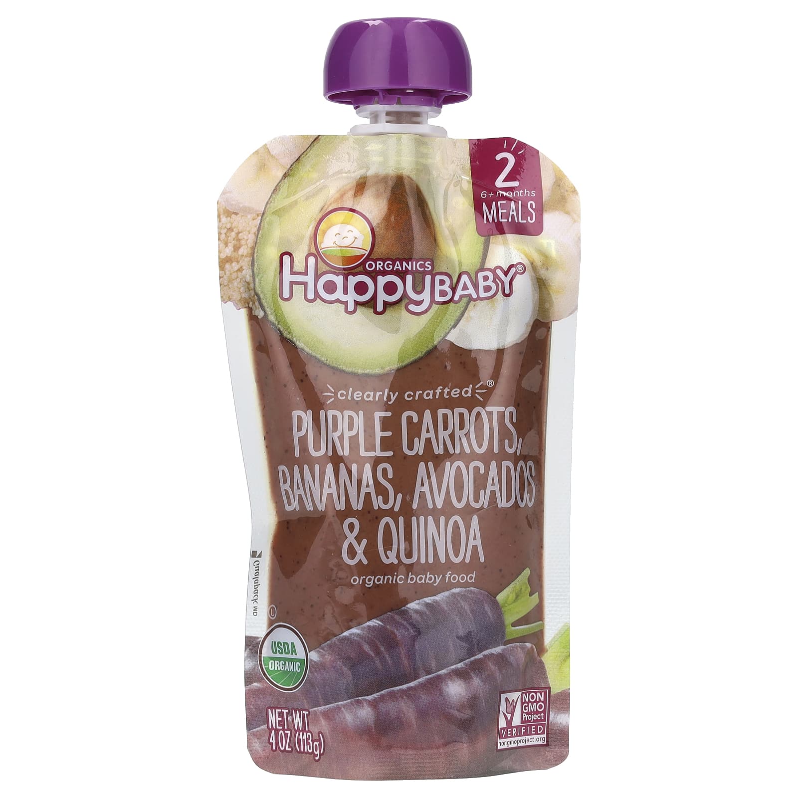 Happy Family Organics, Happy Baby, Stage 2, фиолетовая морковь, бананы, авокадо и киноа, 4 унции (113 г)
