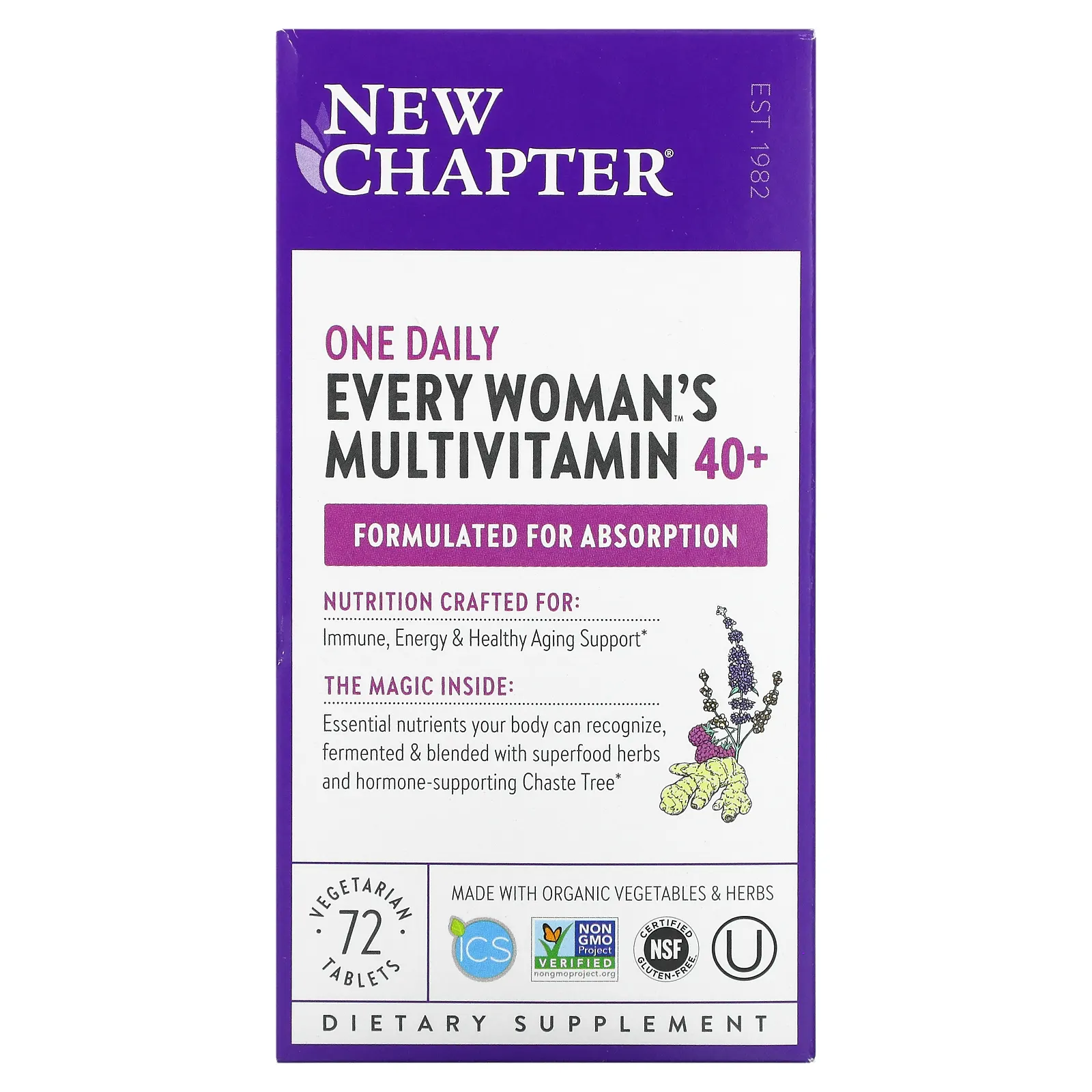 New Chapter, 40+ Every Woman's One Daily, витаминный комплекс на основе цельных продуктов для женщин старше 40 лет, 72 вегетарианские таблетки