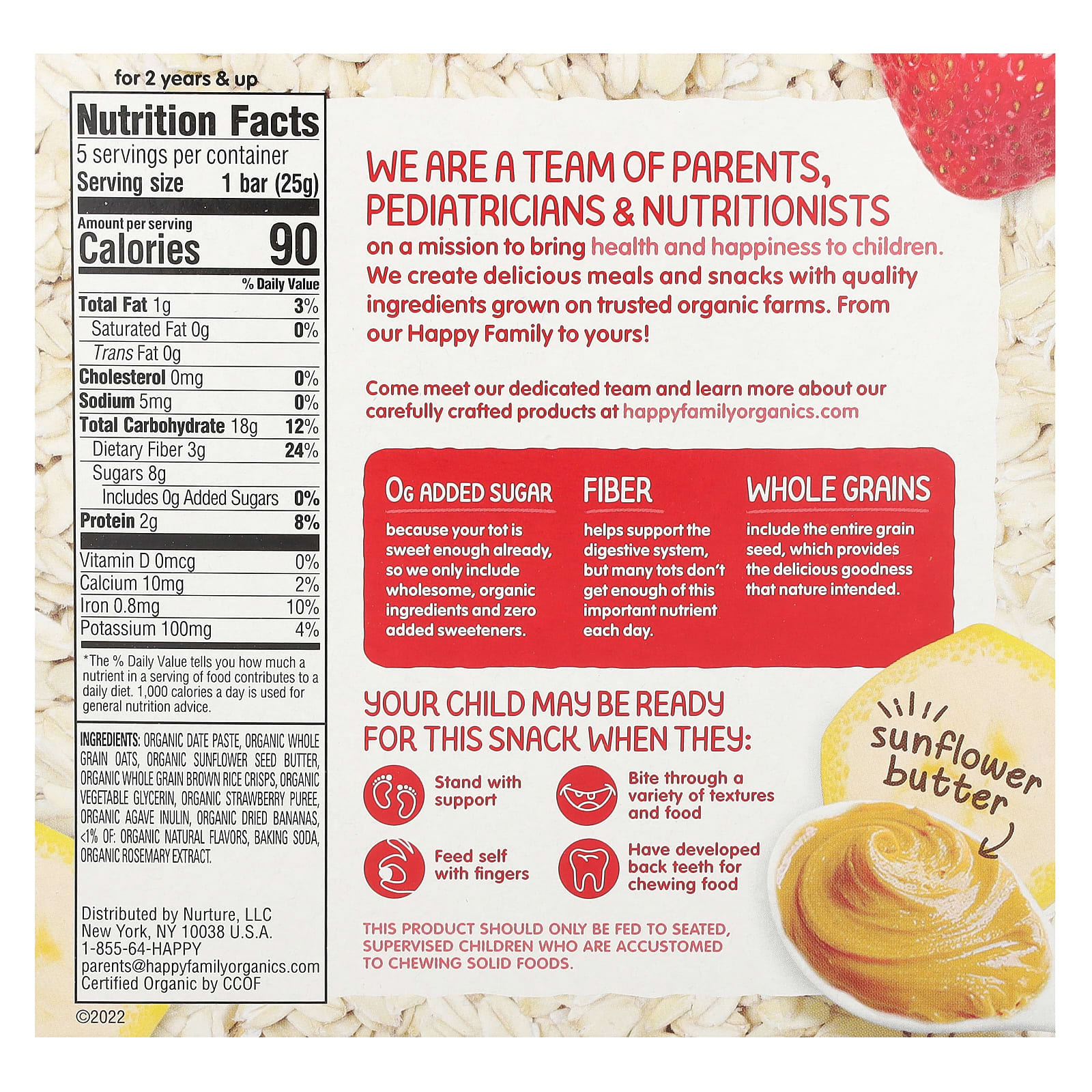 Happy Family Organics, Organics Happy Tot, суперпища, безглютеновый овсяный батончик, органические бананы, клубника и подсолнечная паста, 5 батончиков, 25 г каждый