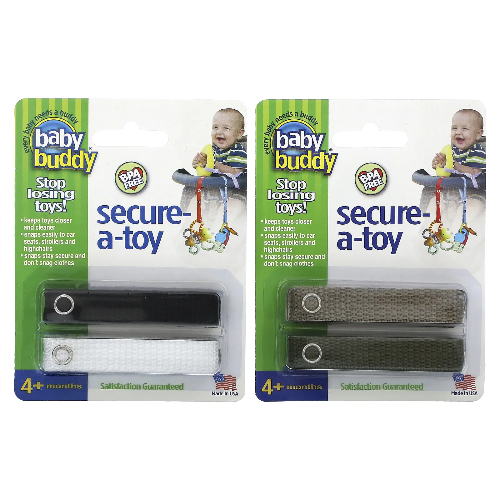 Baby Buddy, Secure-A-Toy, для детей от 4 месяцев, черный, белый и бронзовый, оливковое, 4 шт.