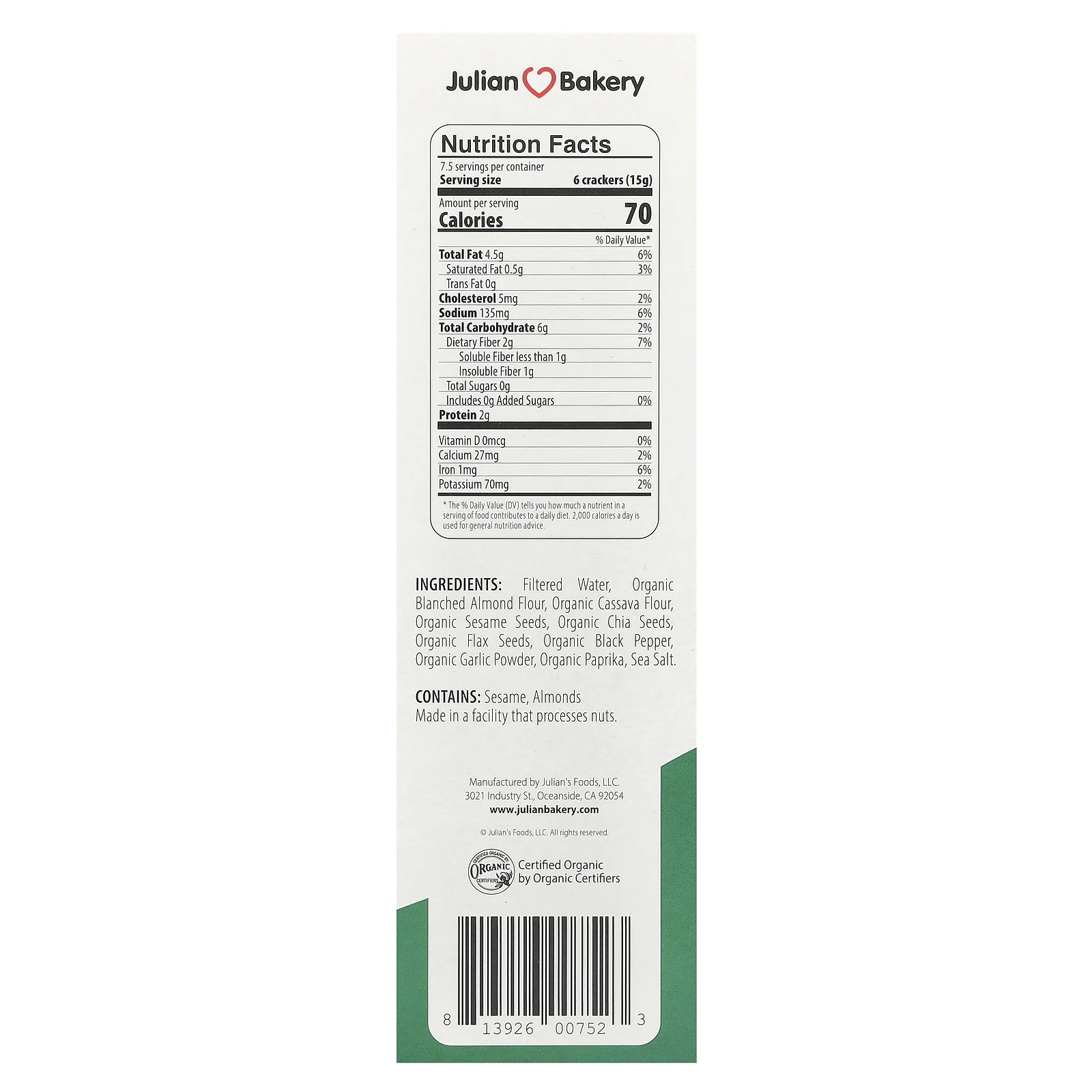 Julian Bakery, Paleo Thin®, крекеры, органическая соль и перец, 113 г (4 унции)