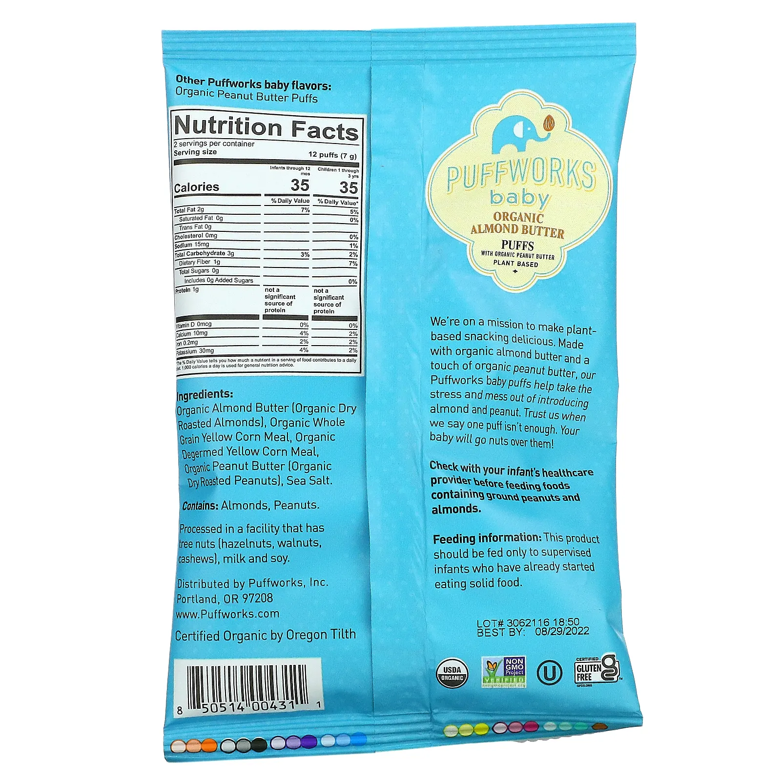 Puffworks, Baby, слойки с органическим миндальным маслом, 6 пакетиков по 14 г (0,5 унции)