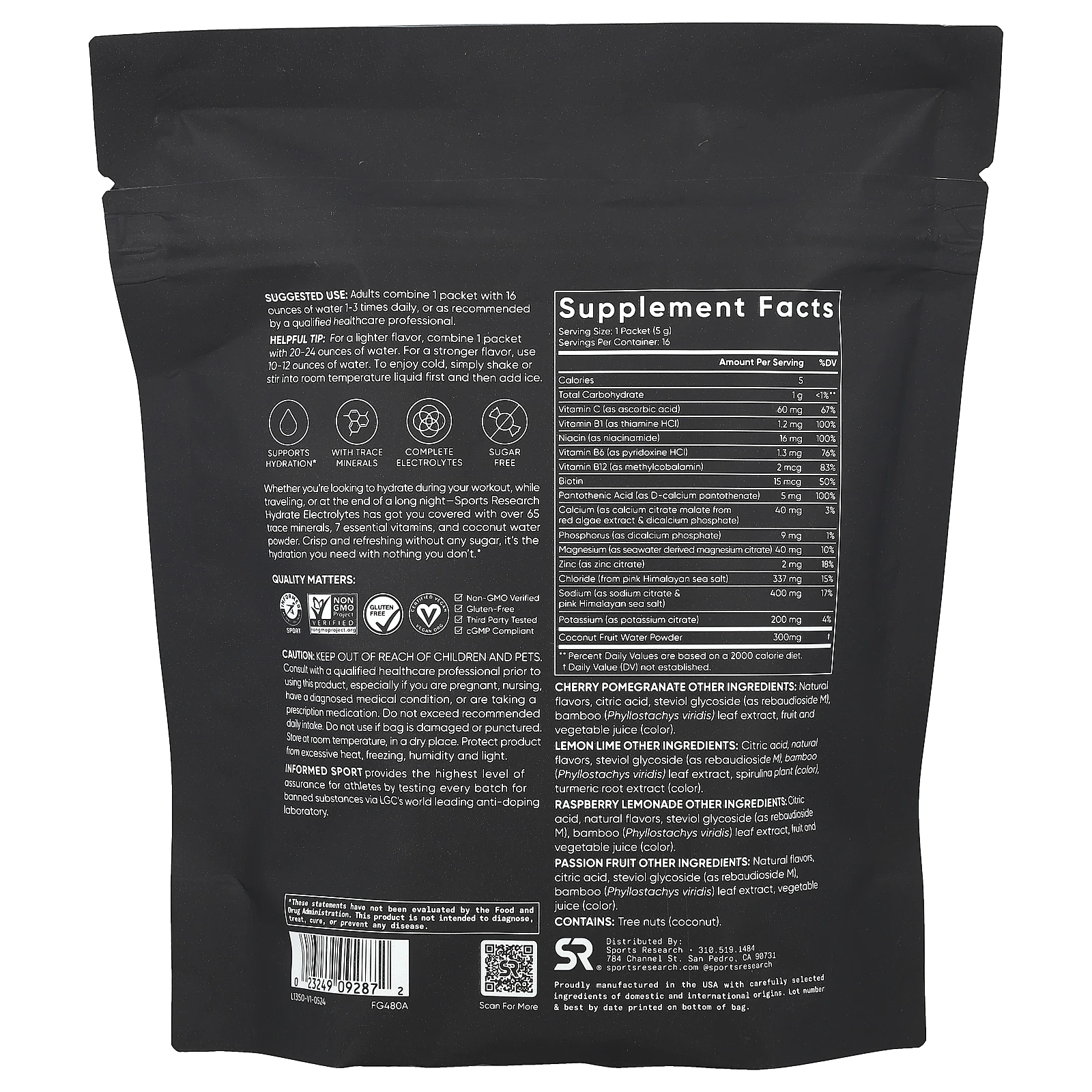 Sports Research, Hydrate Electrolytes, набор с различными добавками, 16 пакетиков по 5 г (0,18 унции)