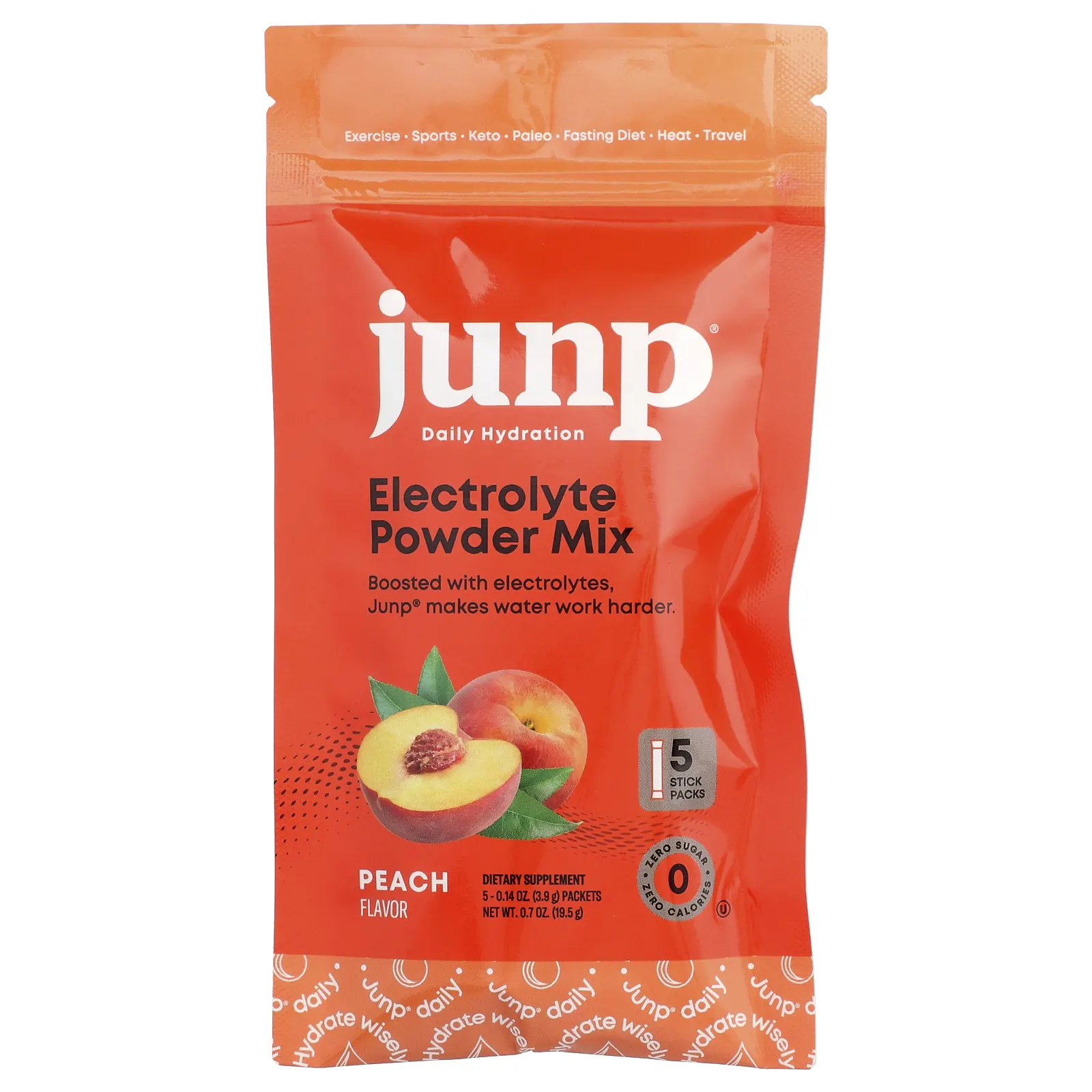 JUNP Hydration, электролитная порошковая смесь, персик, 5 пакетиков по 3,9 г (0,14 унции)