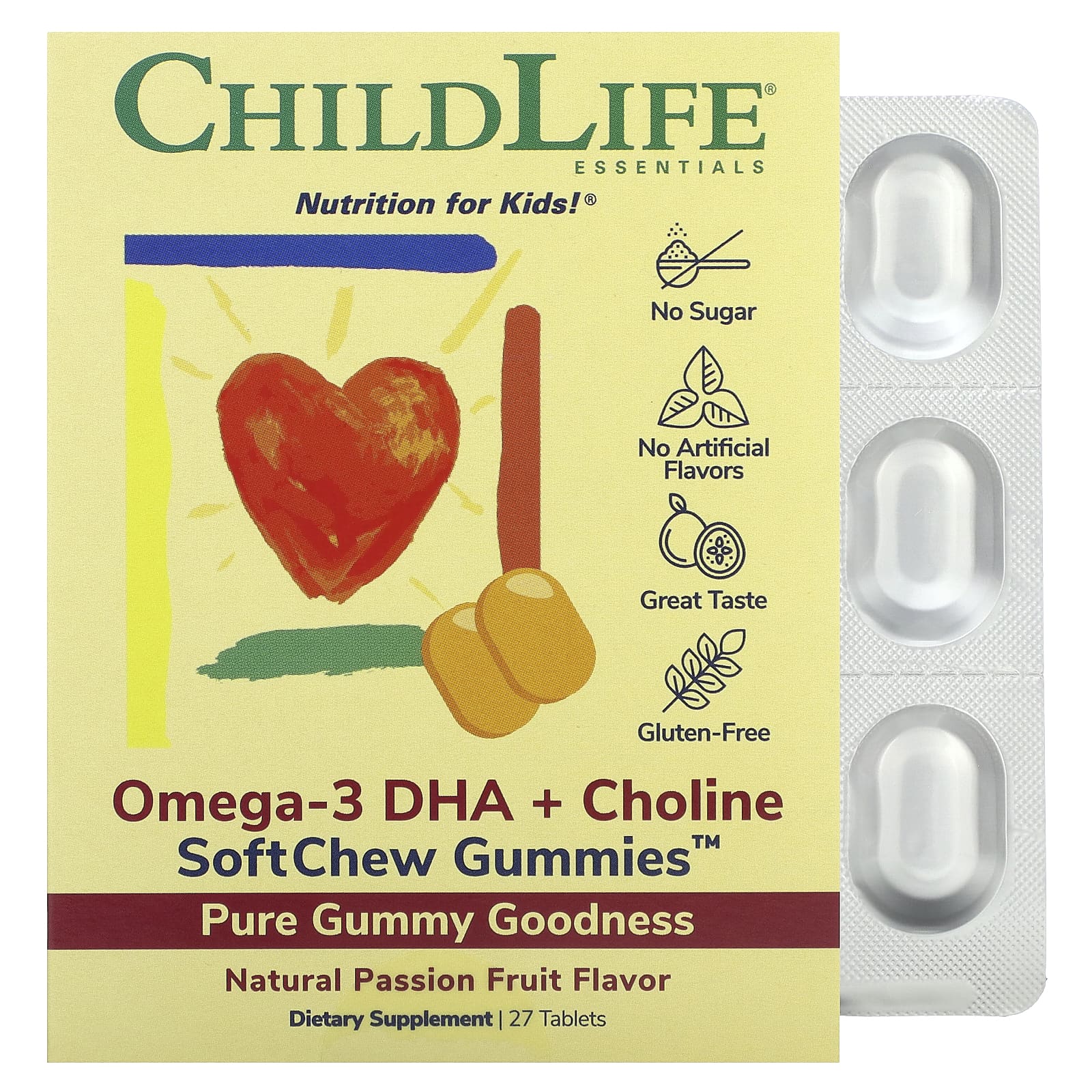 ChildLife Essentials, Essentials, омега-3 с ДГК и холином, жевательные таблетки SoftChew Gummies, со вкусом маракуйи, 27 таблеток