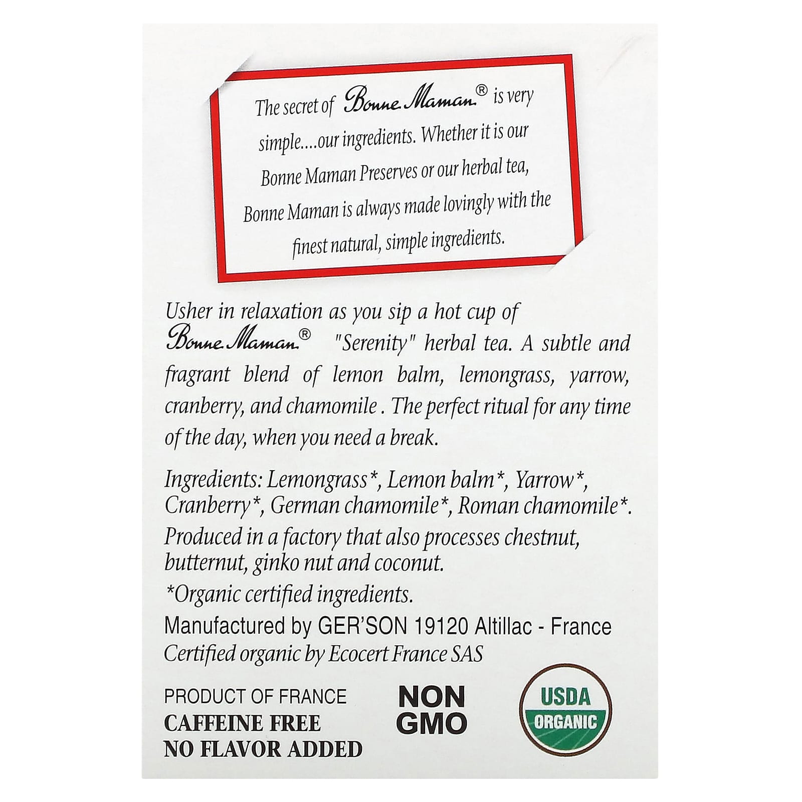 Bonne Maman, Herbal Tea, Serenity, без кофеина, 16 чайных пакетиков, 19 г (0,68 унции)