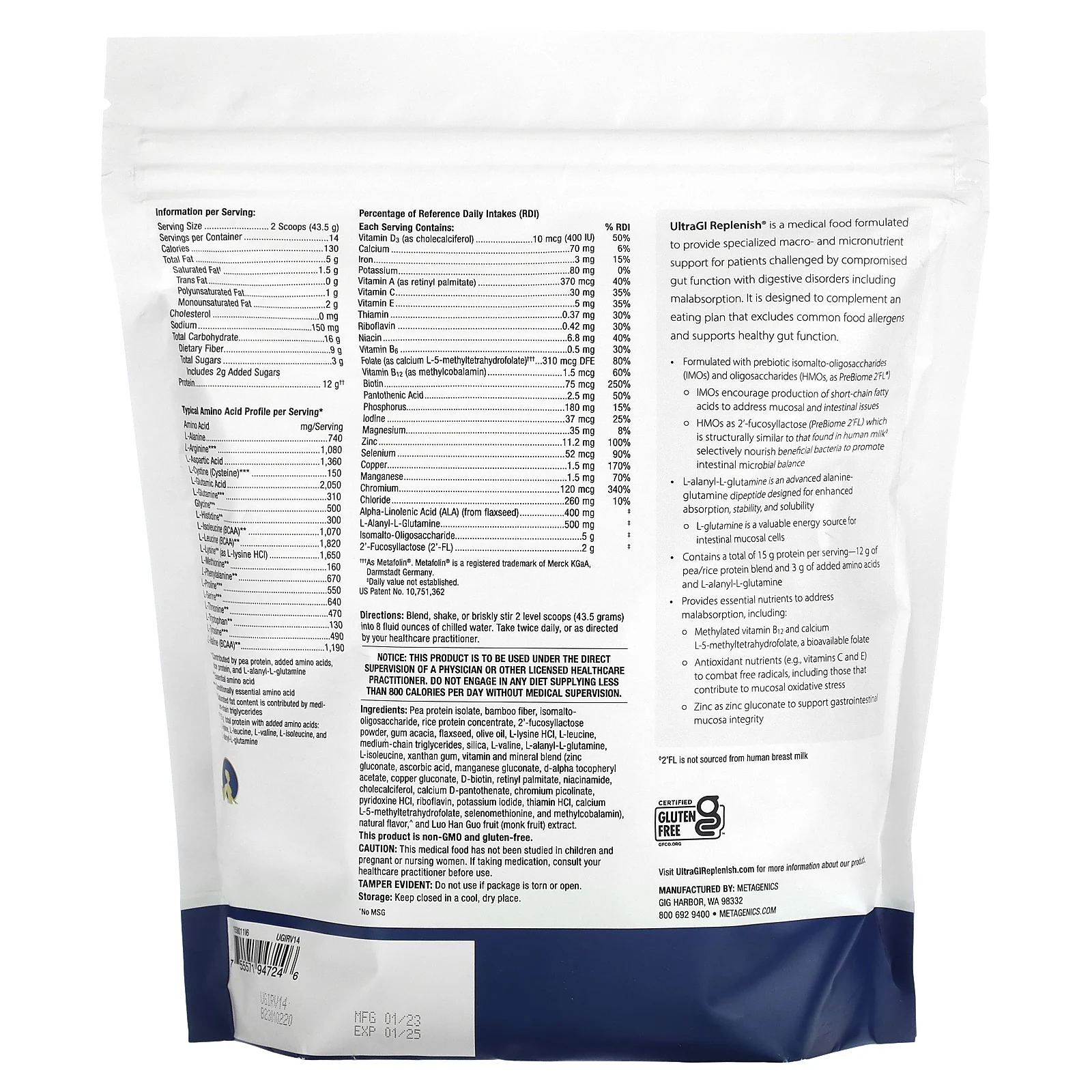 Metagenics, UltraGI Replenish, медицинское питание, ваниль, 609 г (21,48 унции)