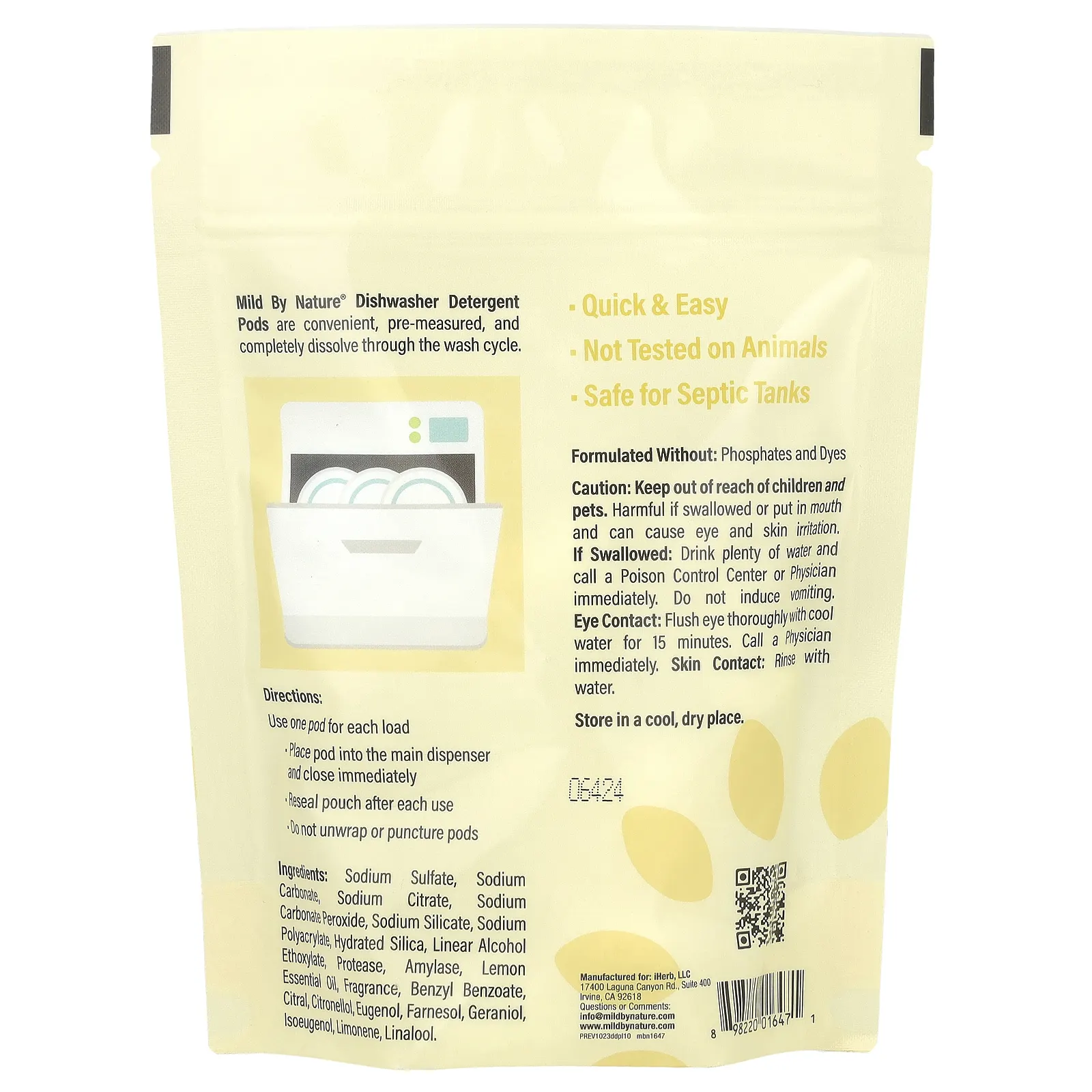 Mild By Nature, Моющее средство в капсулах, лимон, 10 капсул, 180 г (6,3 унции)