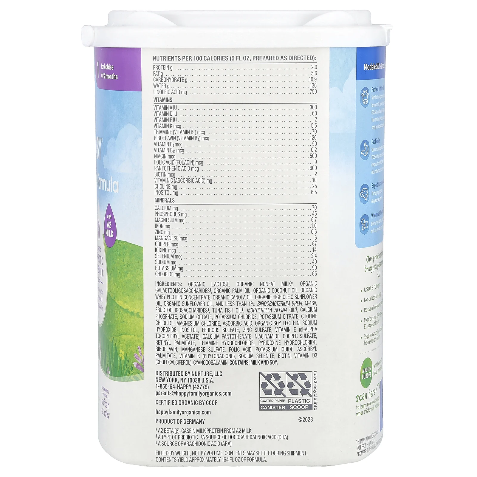 Happy Family Organics, Органическая смесь для младенцев A2, порошок на основе молока с железом, 0–12 месяцев, 650 г (22,9 унции)