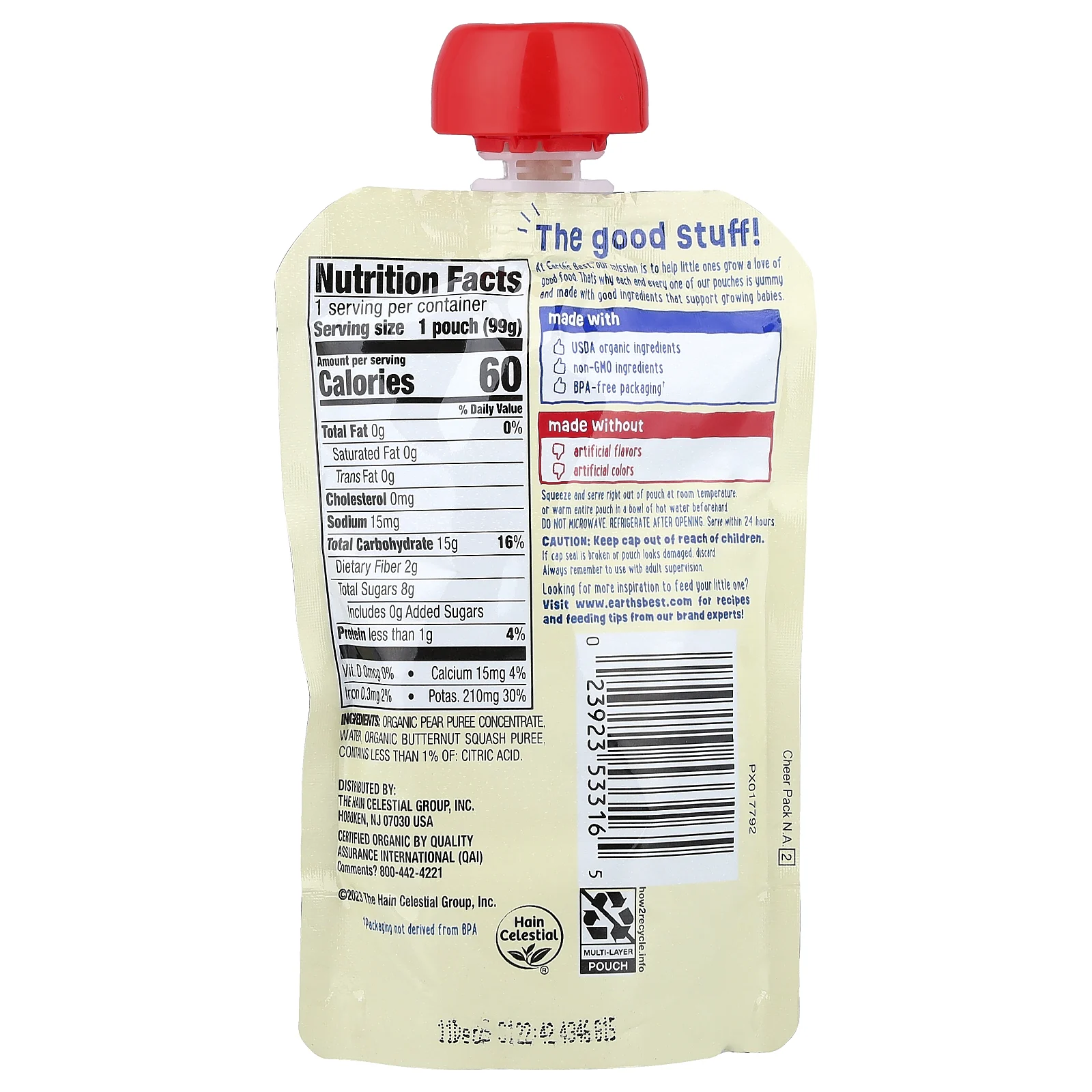 Earth's Best, пюре из органических фруктов и овощей, для детей от 6 месяцев, груша и мускатная тыква, 99 г (3,5 унции)