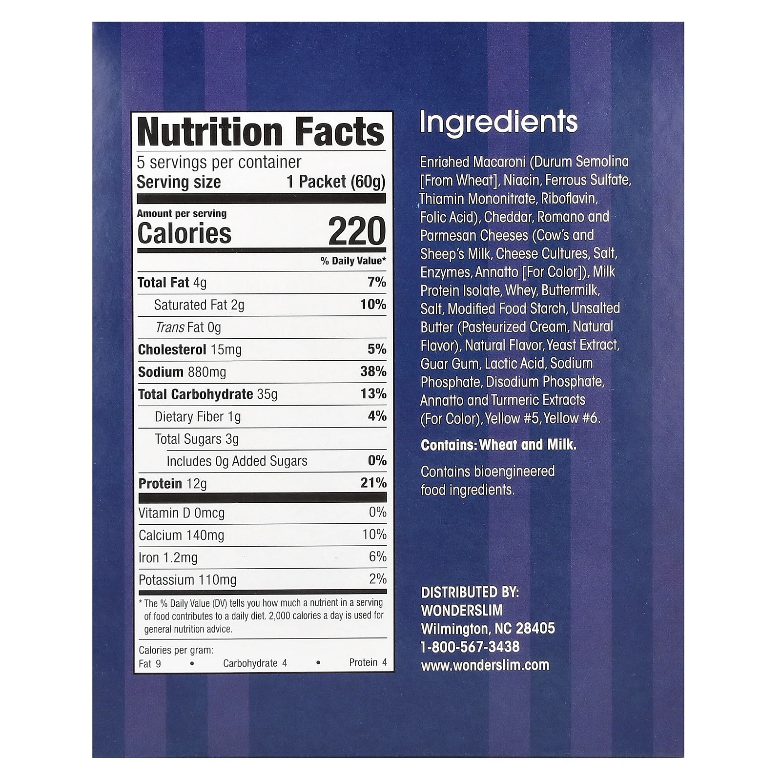 WonderSlim, протеиновая паста, макароны с кремом и сыром, 5 пакетиков по 60 г