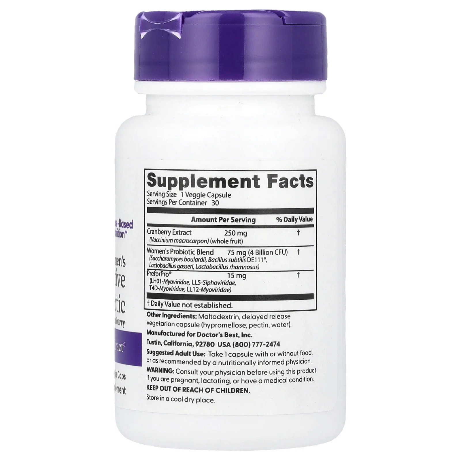 Doctor's Best, Пребиотик для женского пищеварения с клюквой, 4 млрд КОЕ, 30 растительных капсул