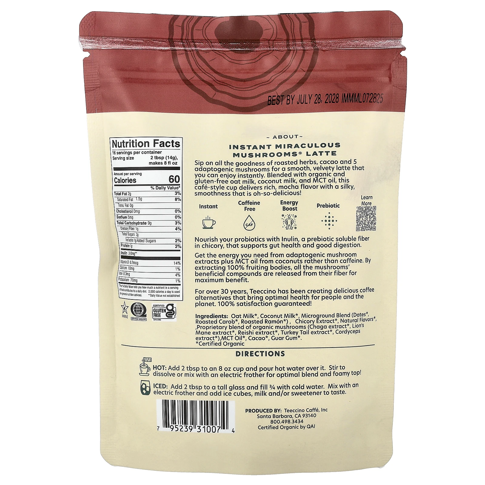 Teeccino, растворимый травяной латте, Miraculous Mushrooms, без кофеина, 224 г (7,9 унции)