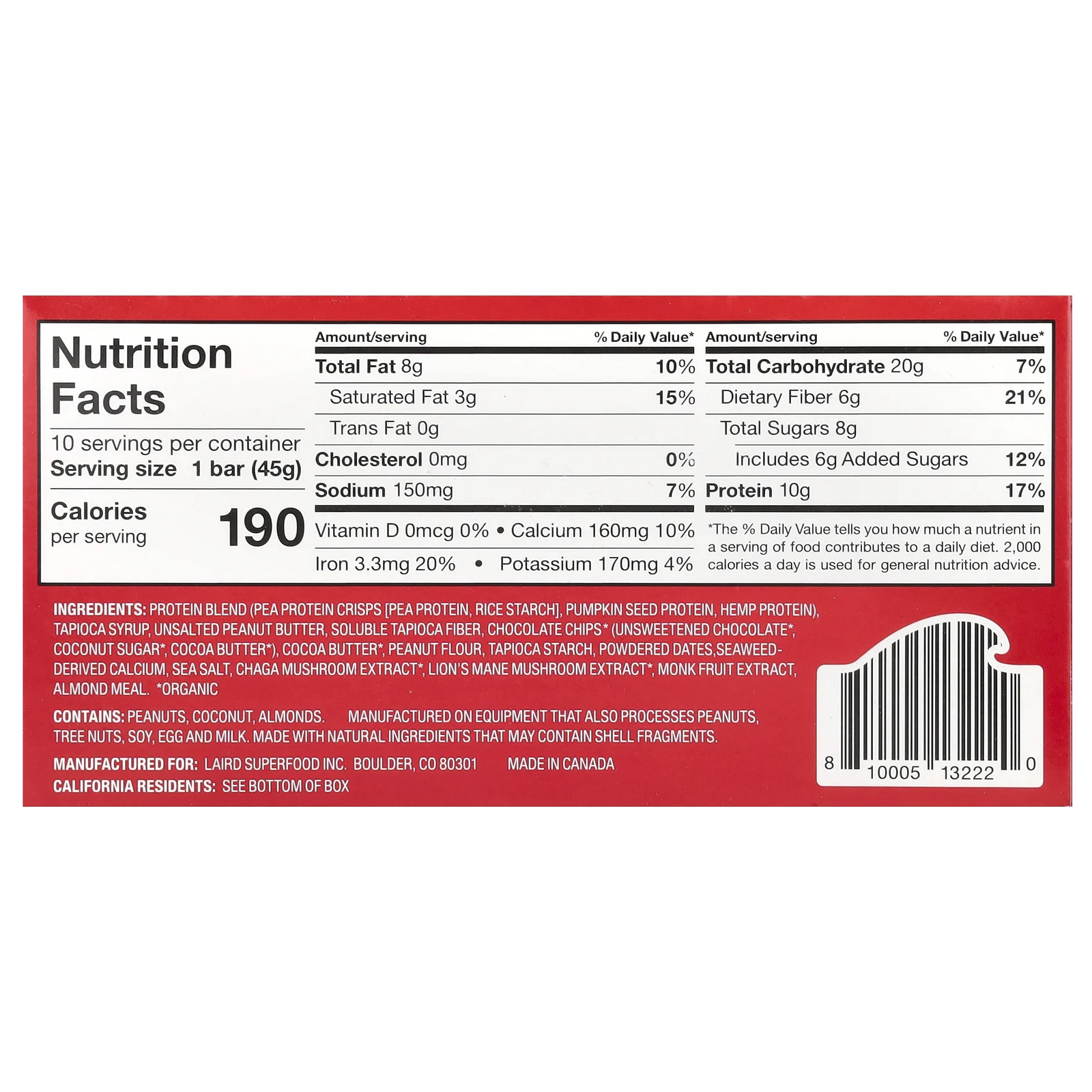 Laird Superfood, Протеиновый батончик + адаптогены, арахисовая паста с шоколадной крошкой, 10 батончиков по 45 г (1,6 унции)