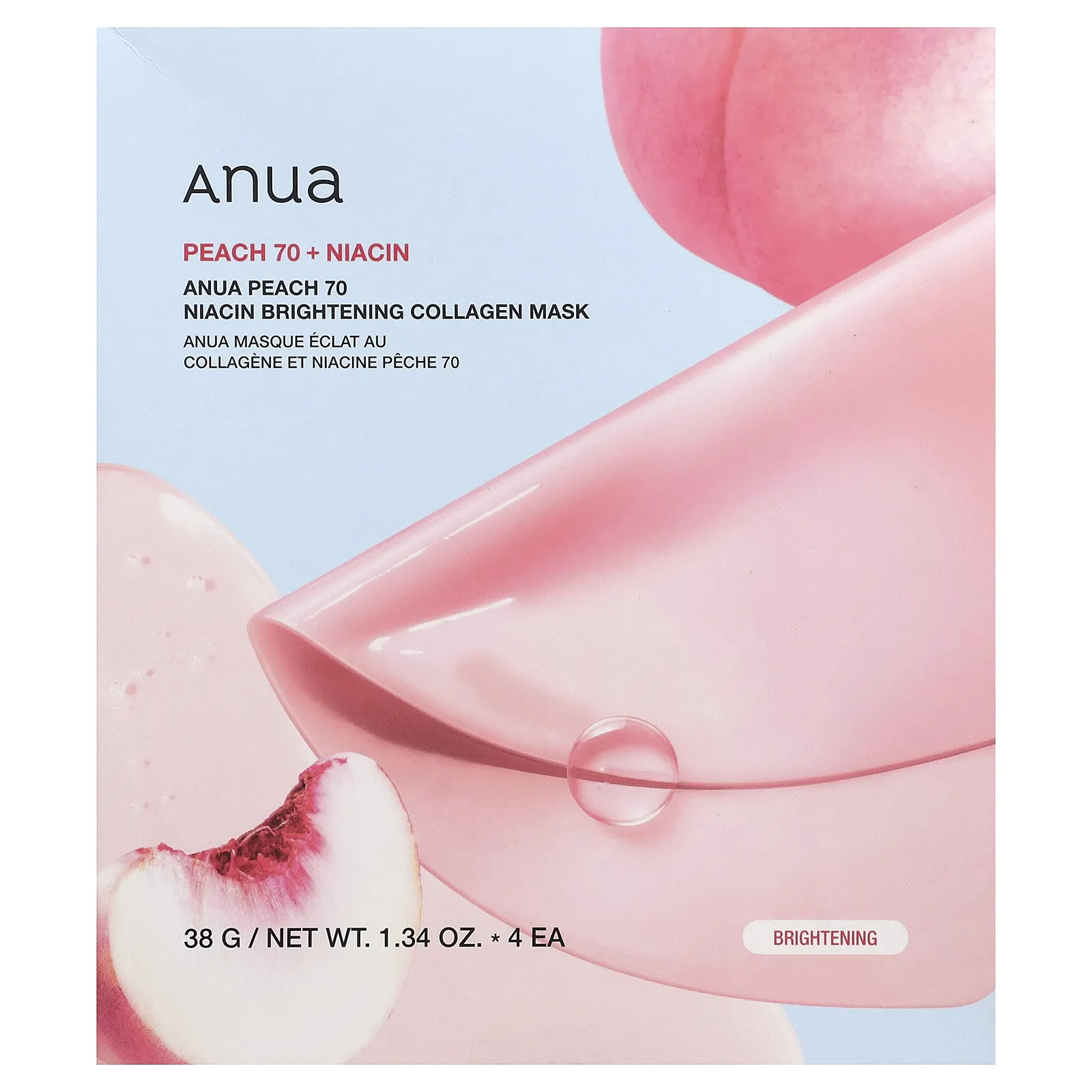 Anua, осветляющая маска для лица с коллагеном и ниацином с персиком, 4 шт. по 38 г (1,34 унции)