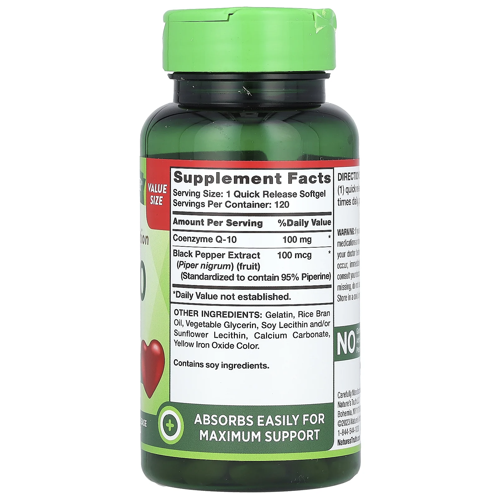 Nature's Truth, коэнзим Q10, улучшенное всасывание, 100 мг, 120 капсул с быстрым высвобождением