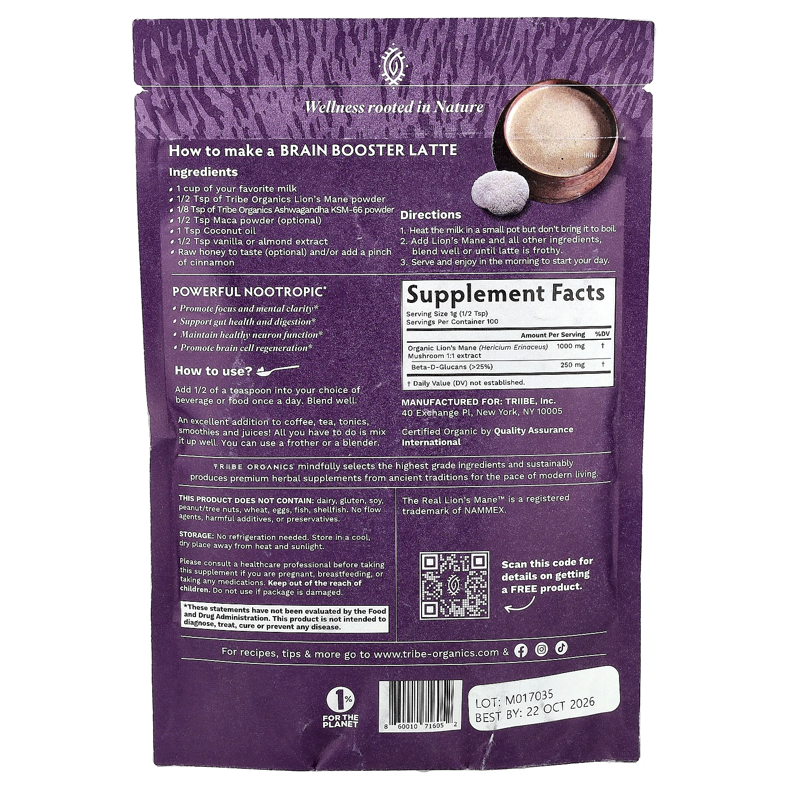 Tribe Organics, Экстракт львиной гривы, 100 г (3,5 унции)