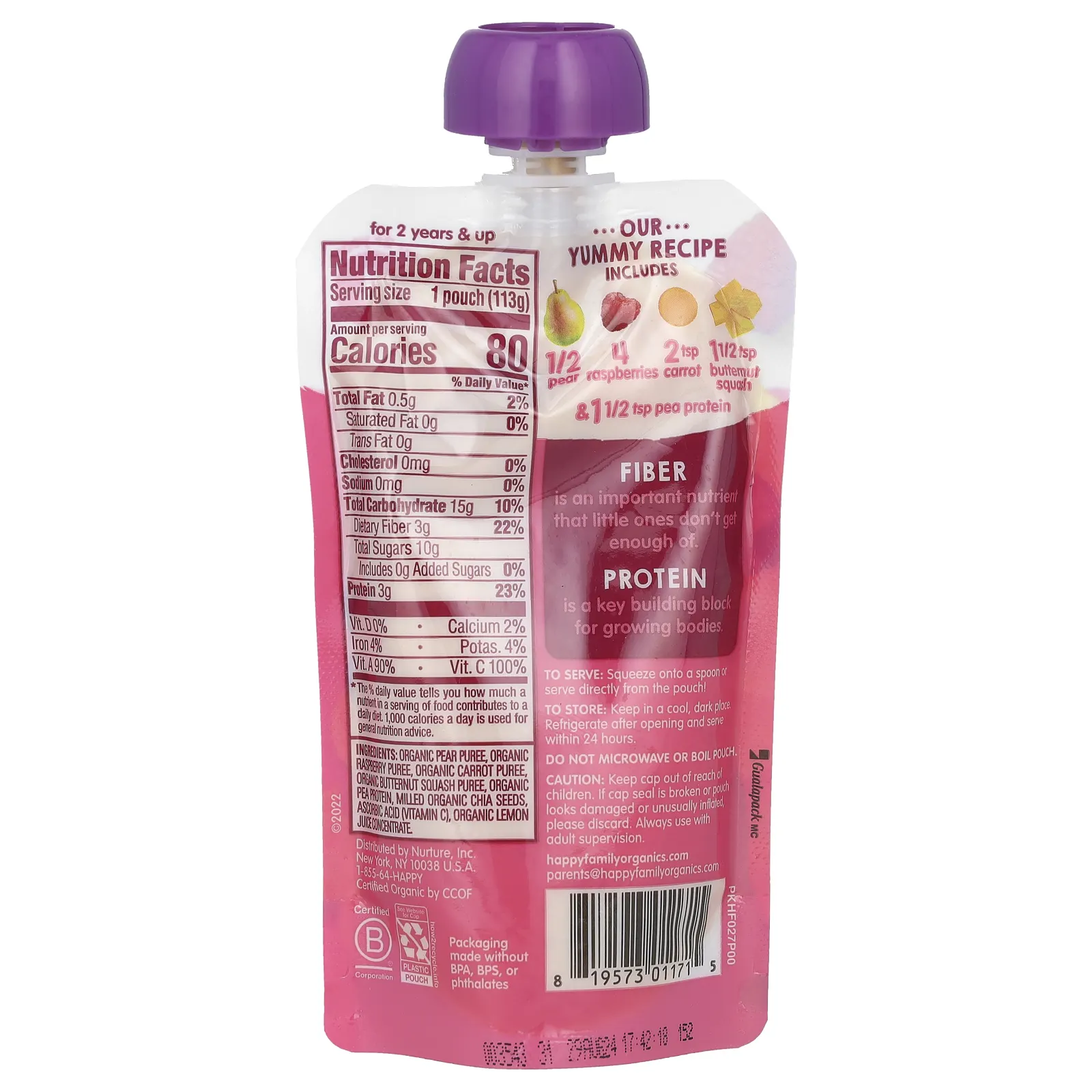 Happy Family Organics, Happy Tot, клетчатка и протеин, для детей от 2 лет, органические груши, малина, морковь и мускатная тыква, 113 г (4 унции)