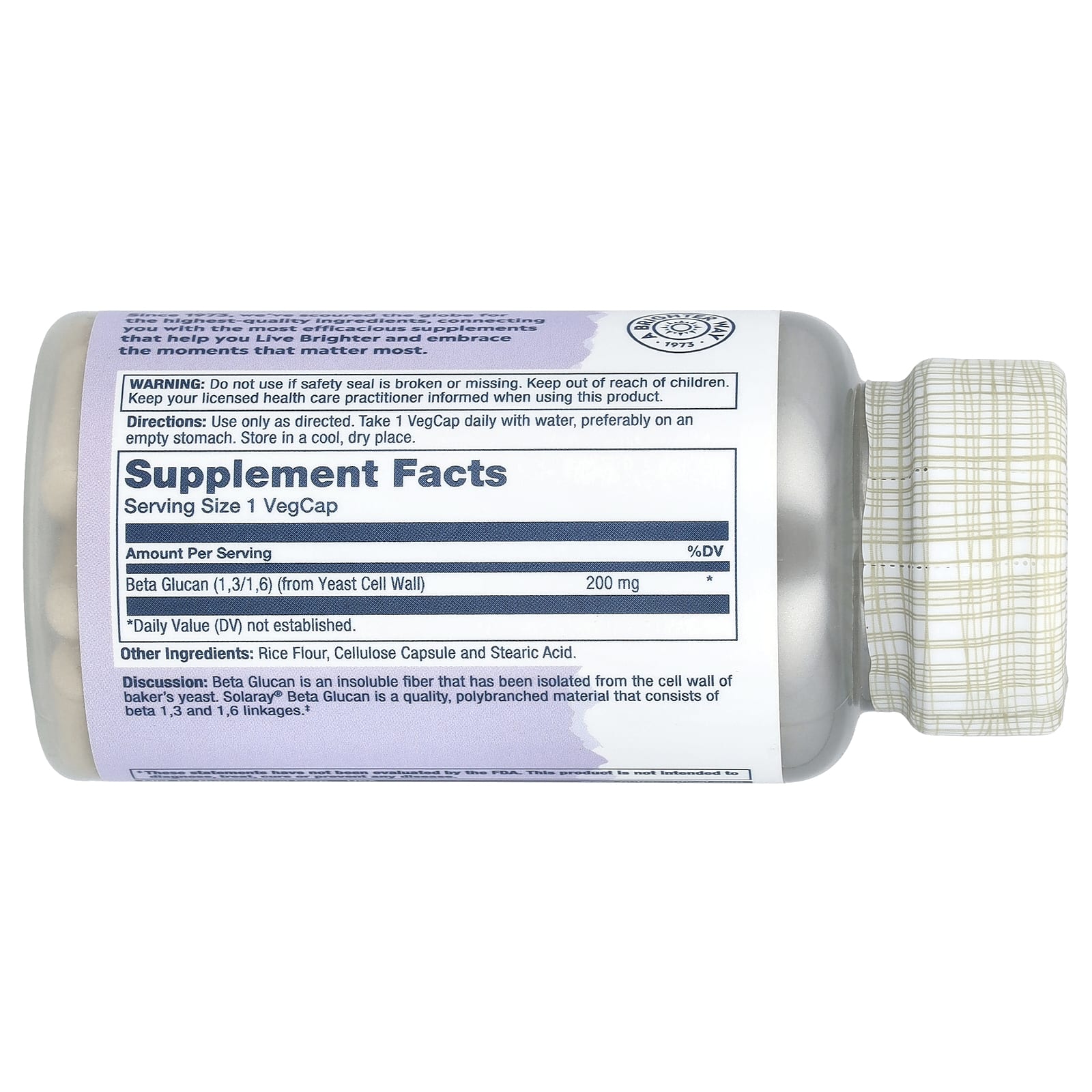 Solaray, Бета-глюкан, высокая эффективность, 200 мг, 30 растительных капсул